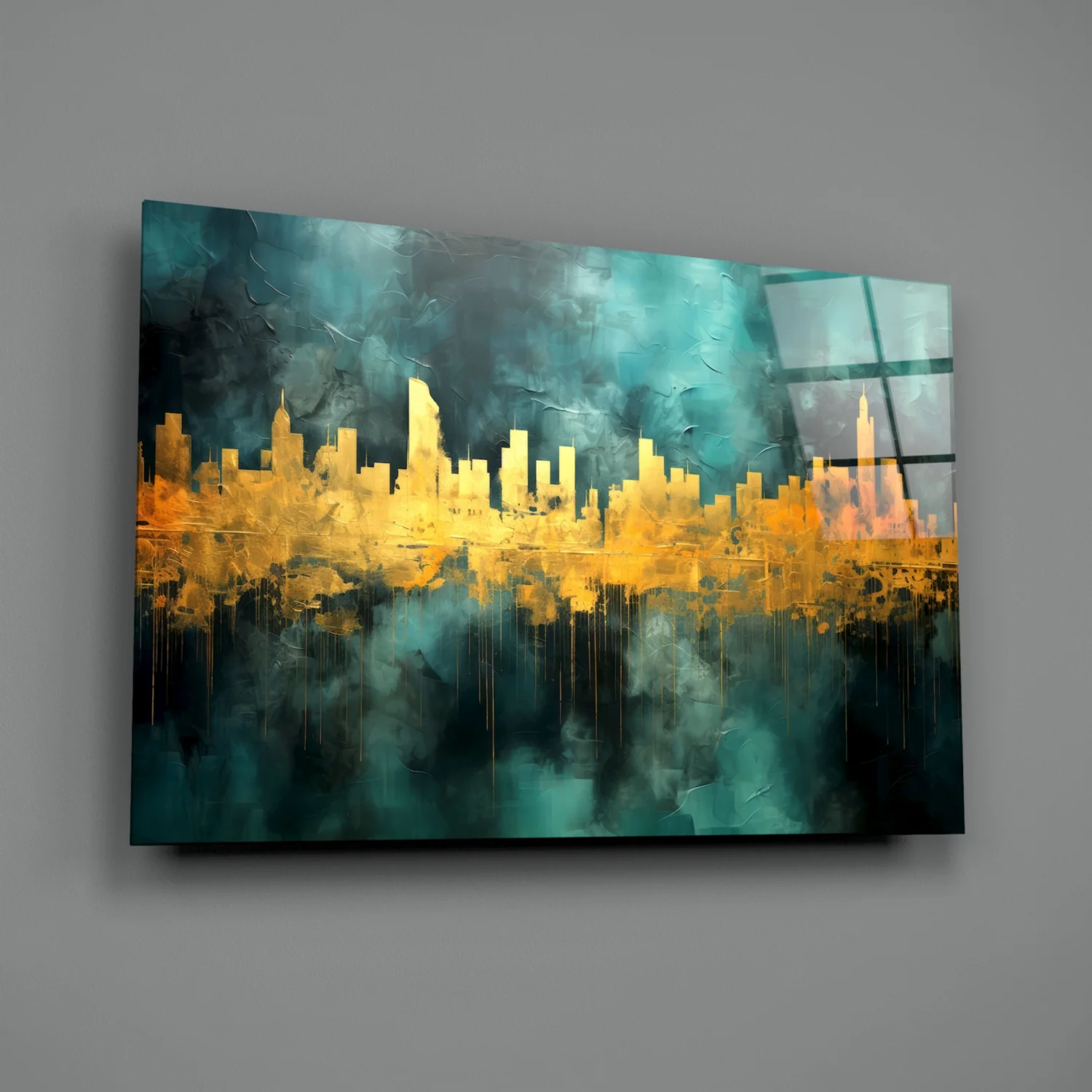 Gold Reflected Skyline Teal Glass Wall Art - Image 2