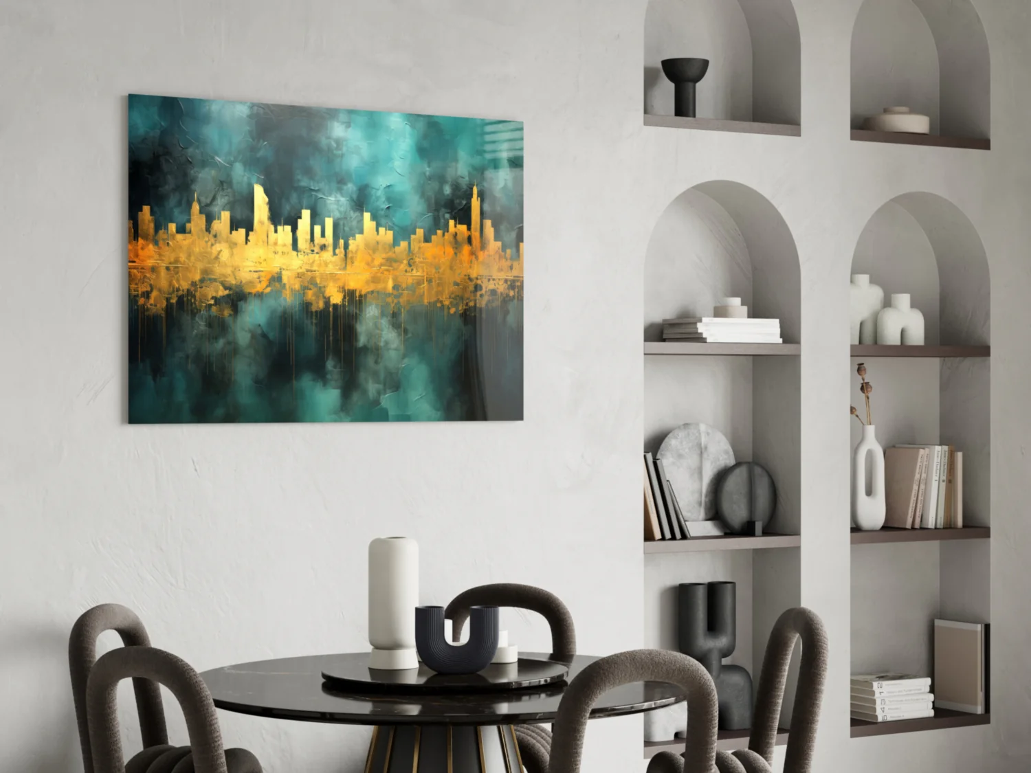 Gold Reflected Skyline Teal Glass Wall Art - Image 5