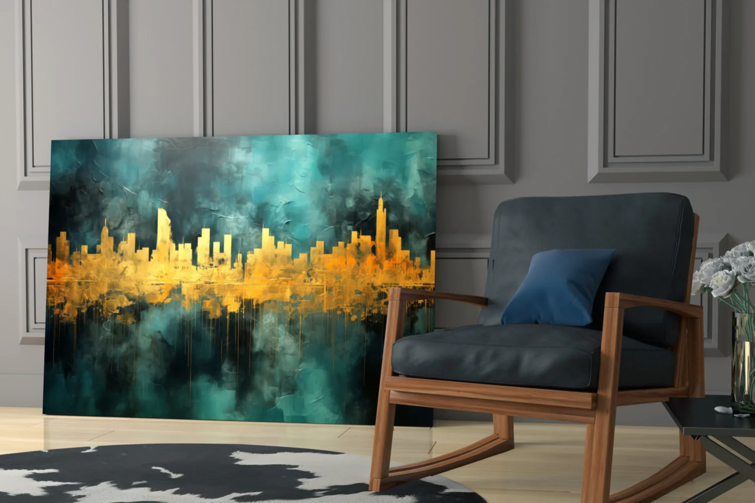 Gold Reflected Skyline Teal Glass Wall Art - Image 6