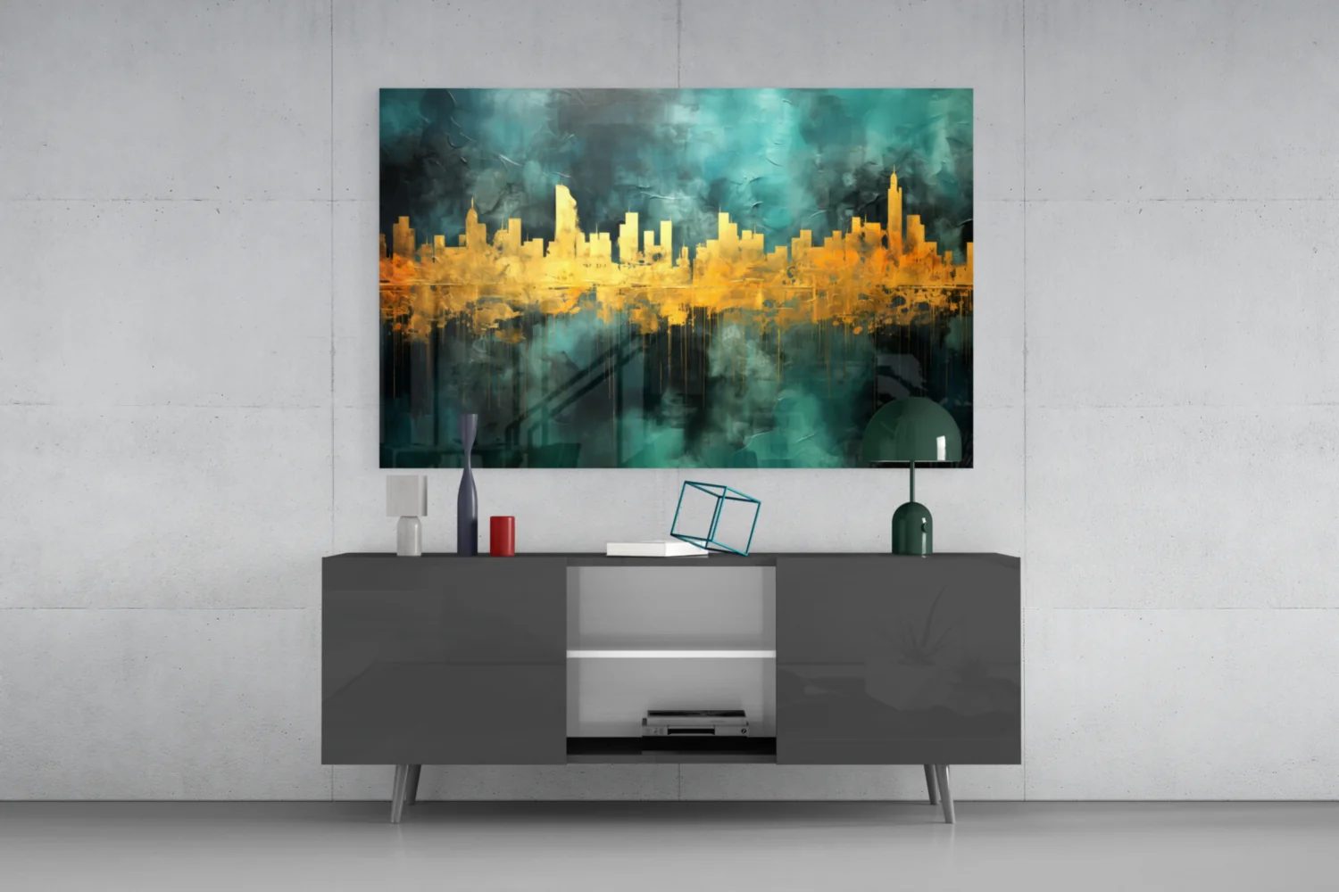 Gold Reflected Skyline Teal Glass Wall Art - Image 8