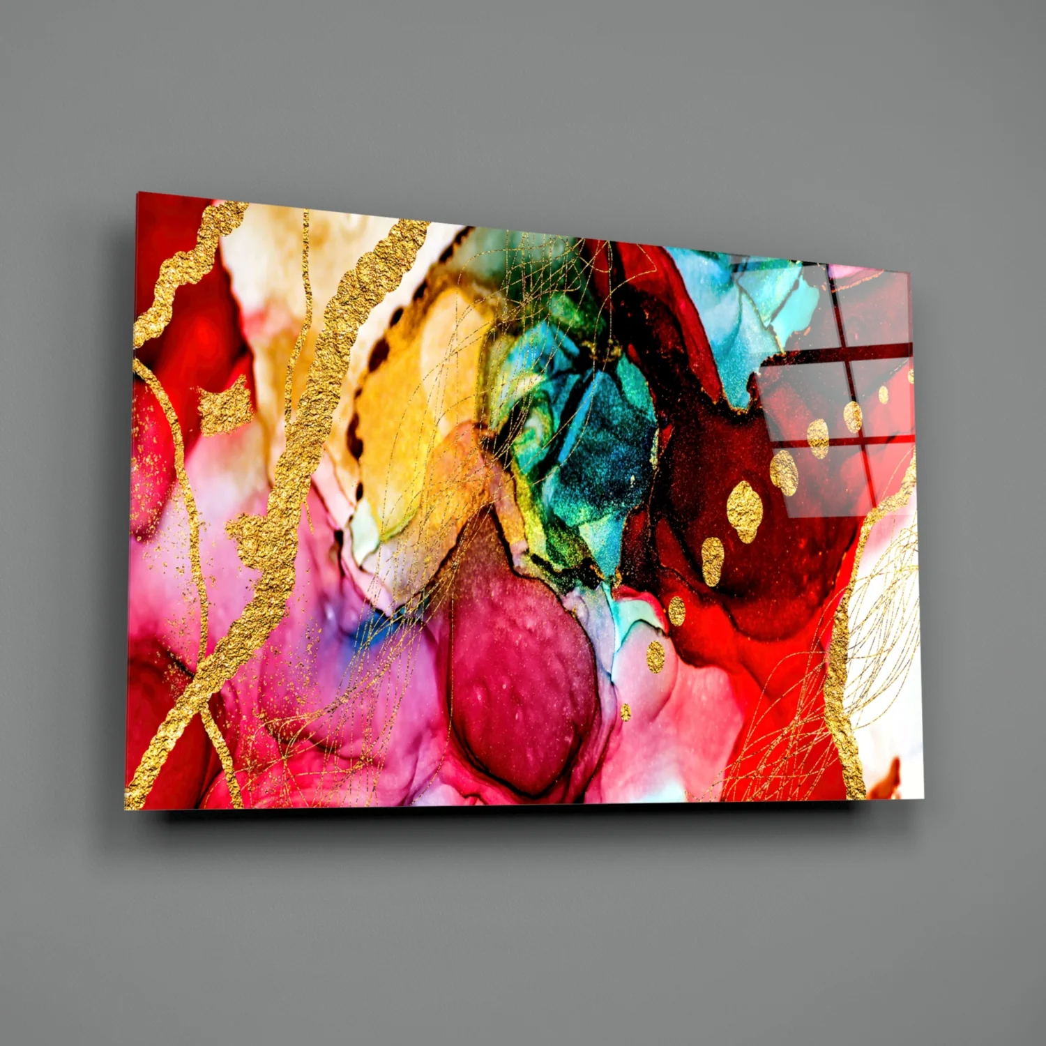 Gold Vein Crimson Ink Glass Wall Art - Image 3