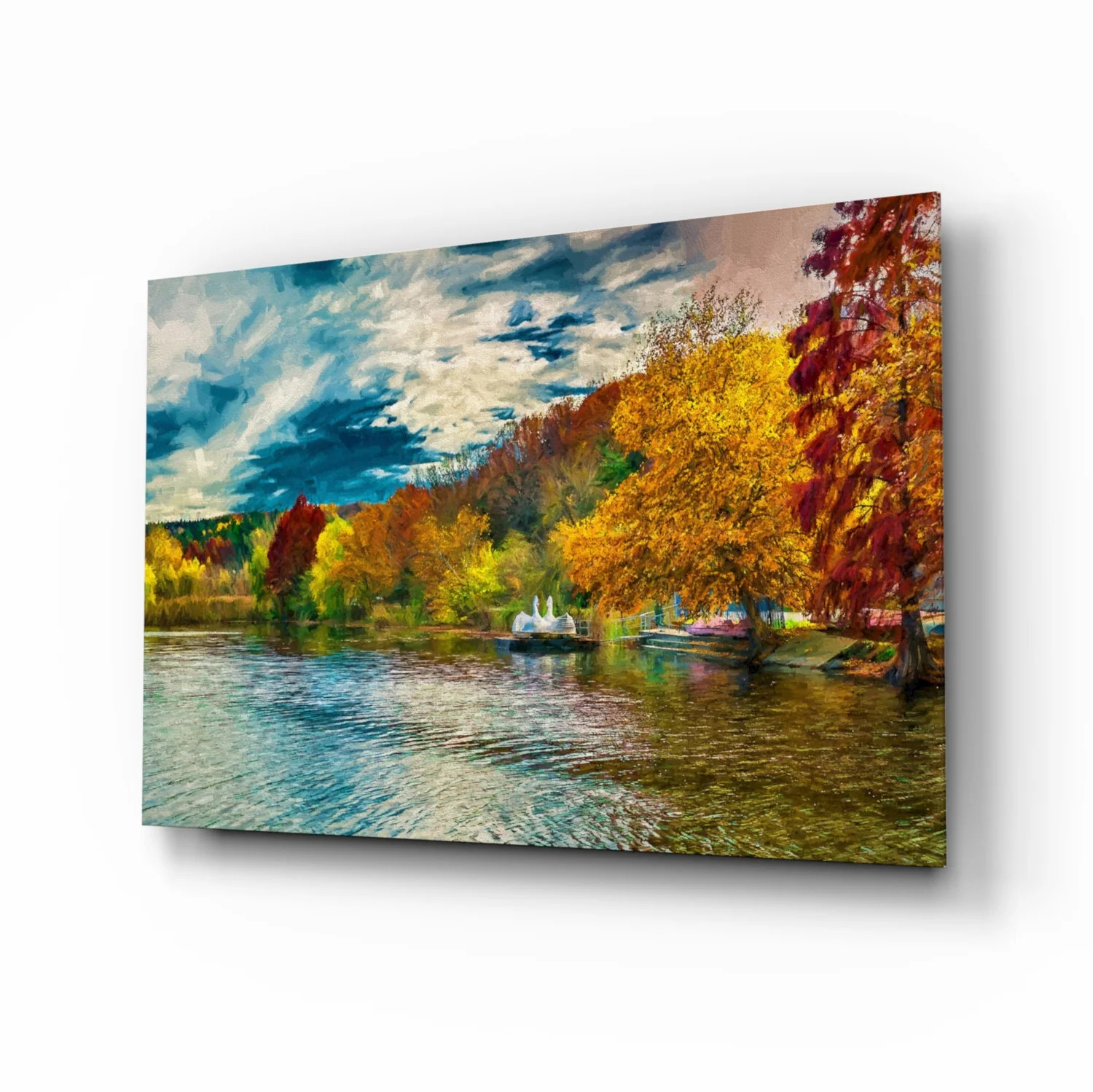 Golden Autumn Lakeside Painting Glass Wall Art - Image 2