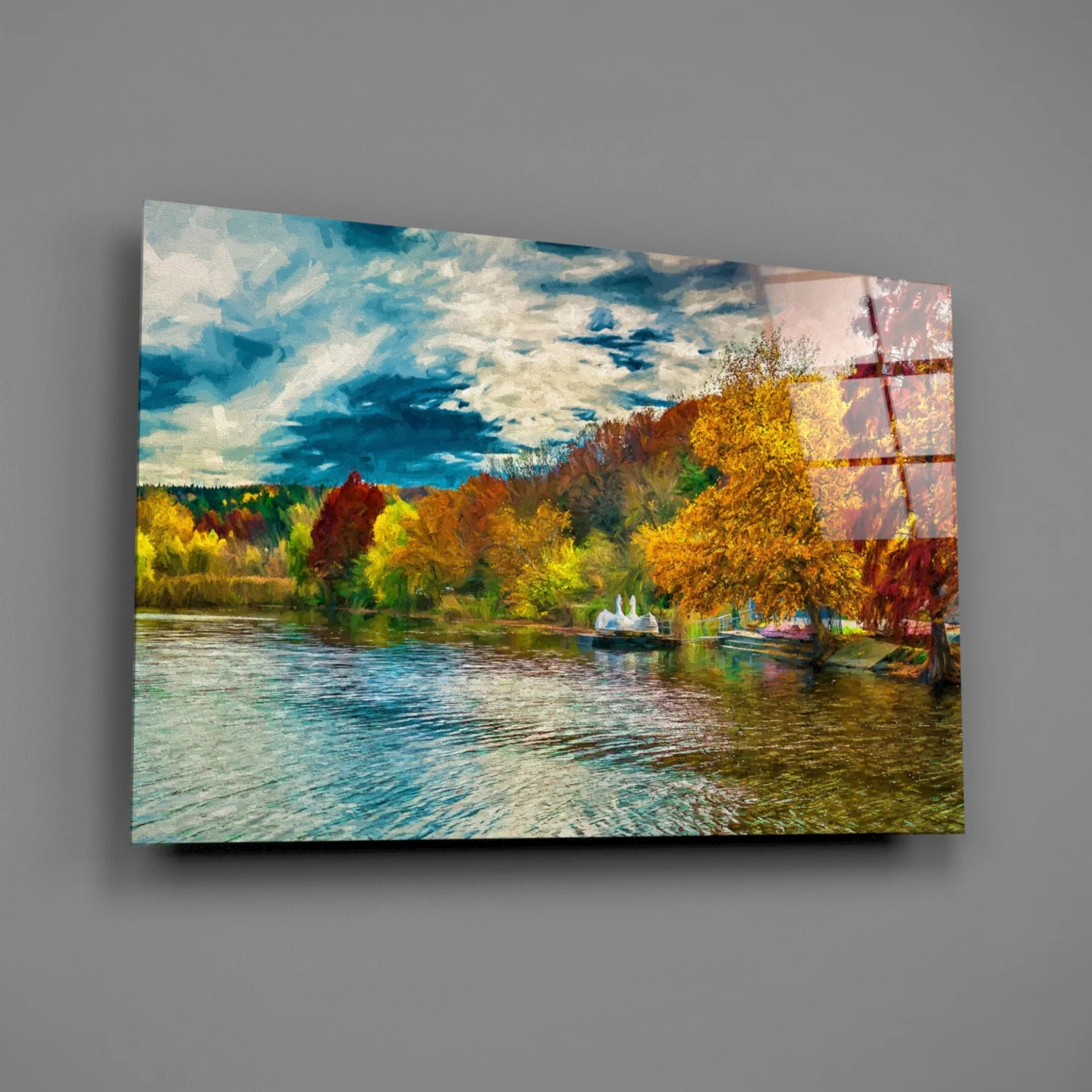 Golden Autumn Lakeside Painting Glass Wall Art - Image 3