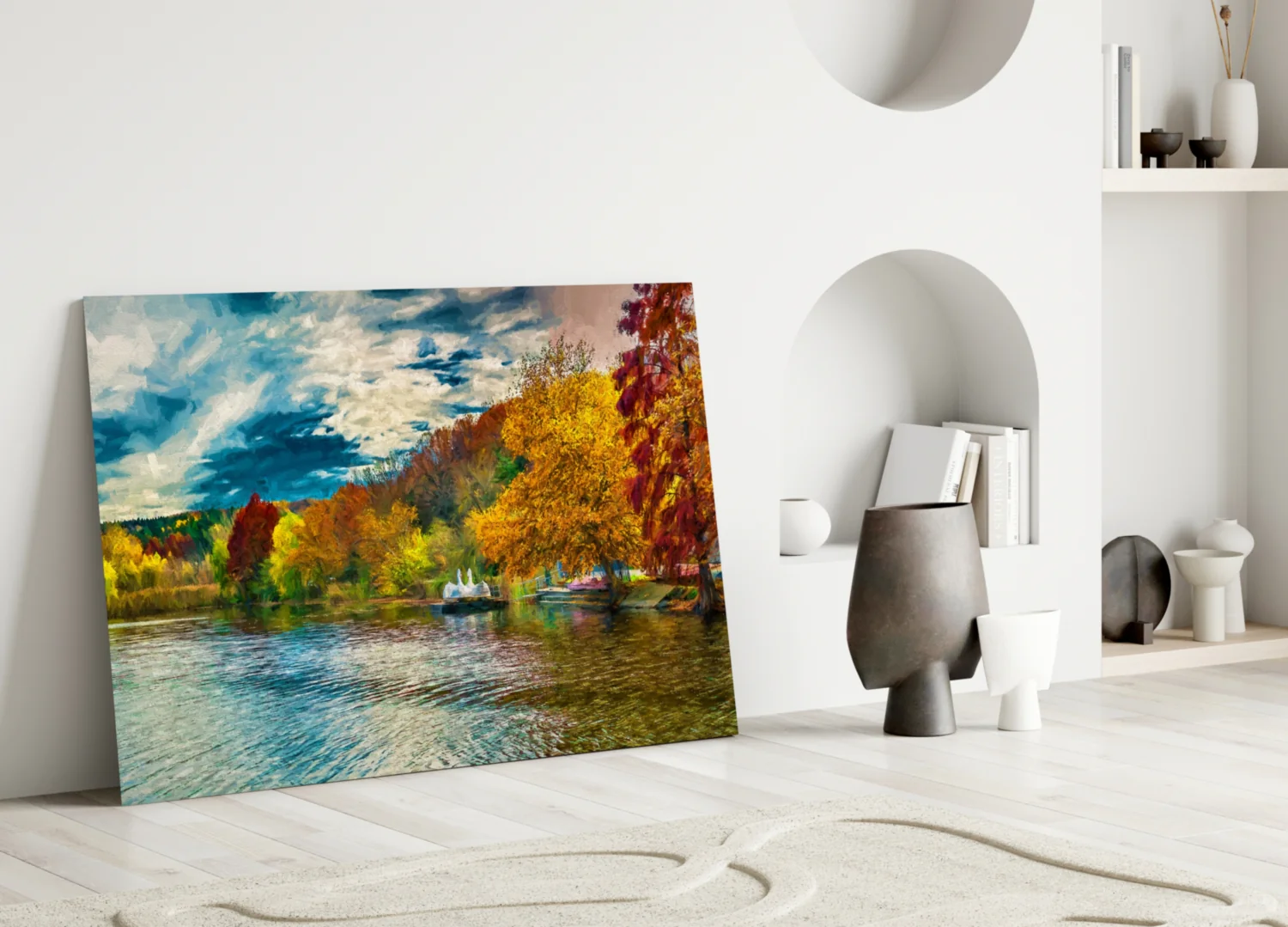Golden Autumn Lakeside Painting Glass Wall Art - Image 4
