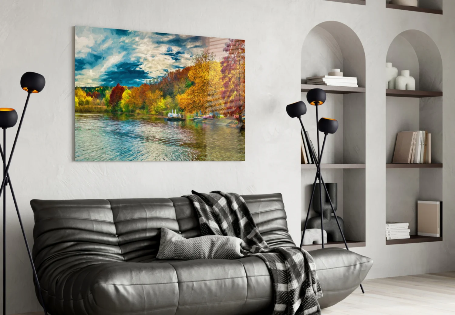 Golden Autumn Lakeside Painting Glass Wall Art - Image 5