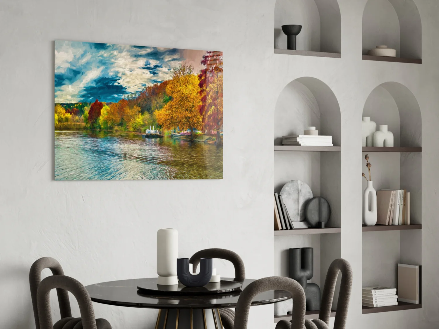 Golden Autumn Lakeside Painting Glass Wall Art - Image 6