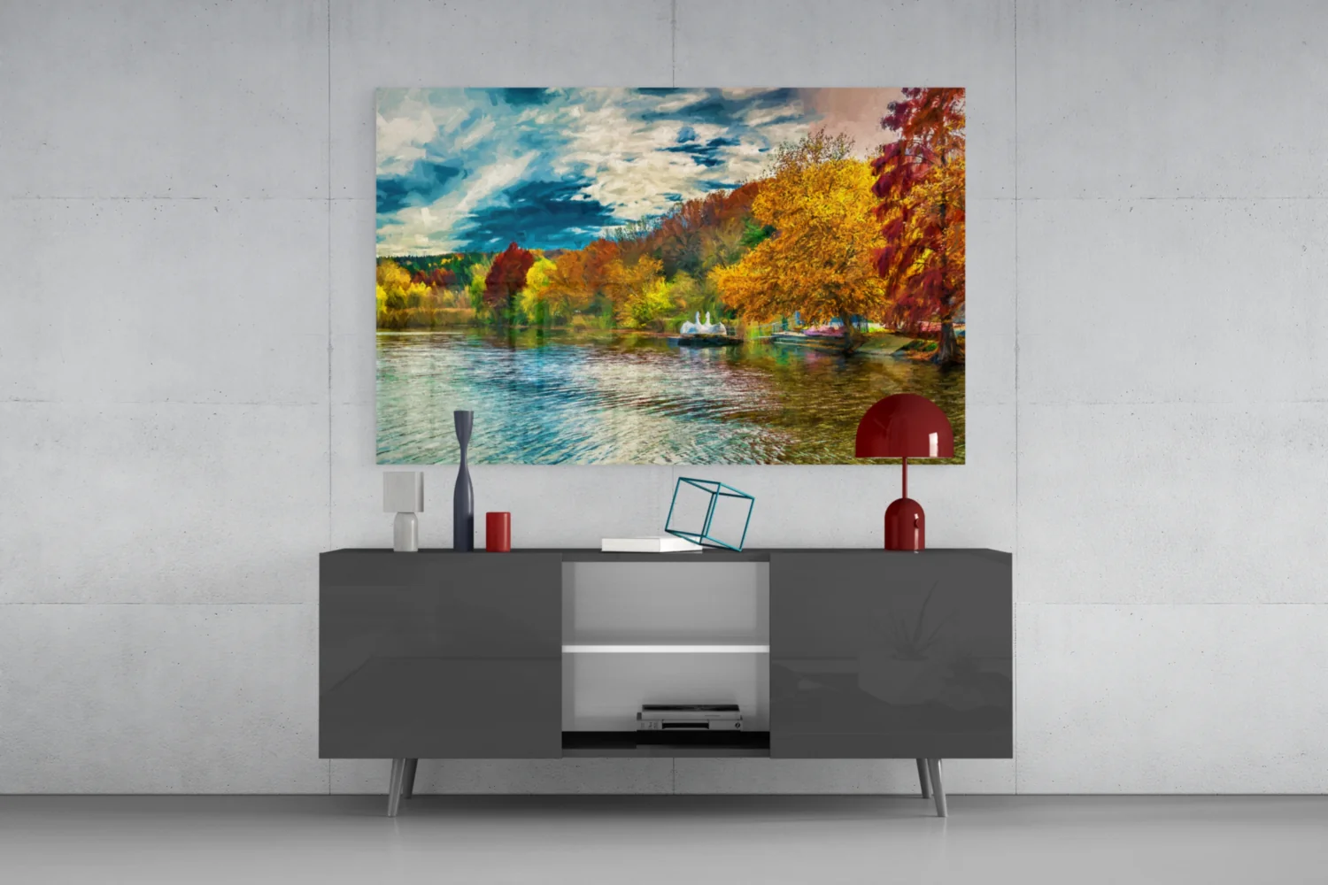 Golden Autumn Lakeside Painting Glass Wall Art - Image 9