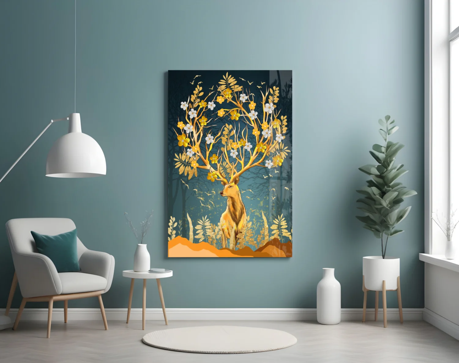 Golden Floral Antler Stag Glass Wall Art - Image 5