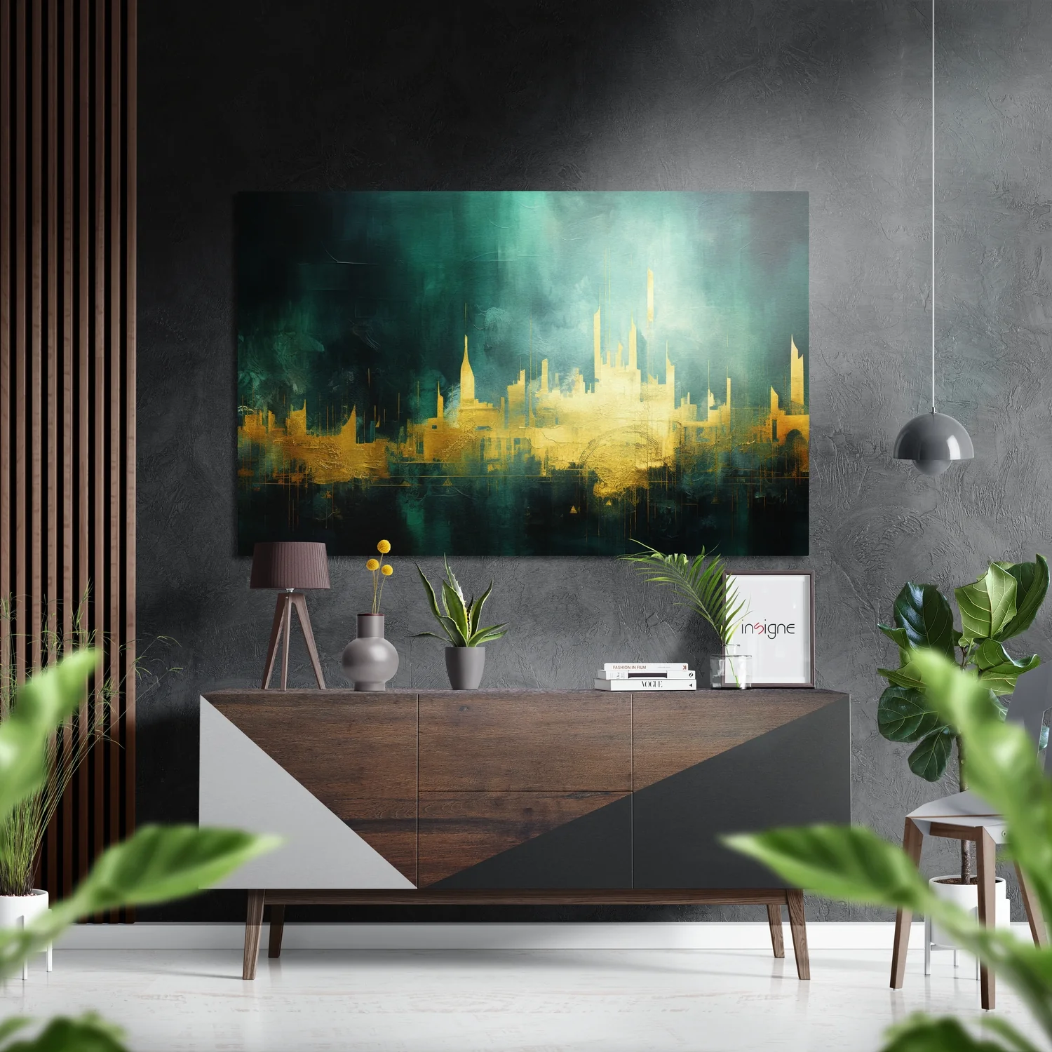 Golden Green City Skyline Brushed Aluminum Dibond Wall Art