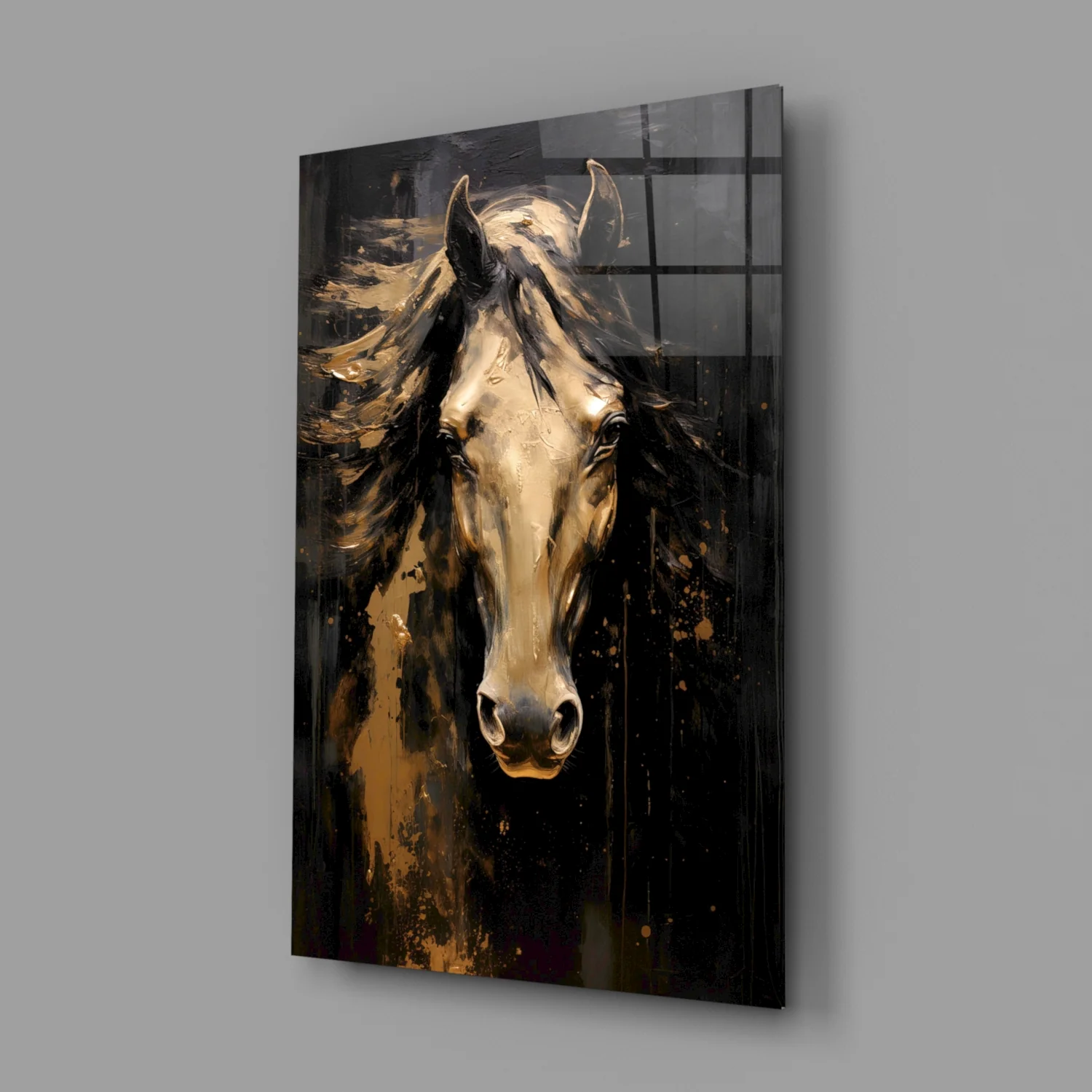 Golden Horse Head Black Glass Wall Art - Image 2
