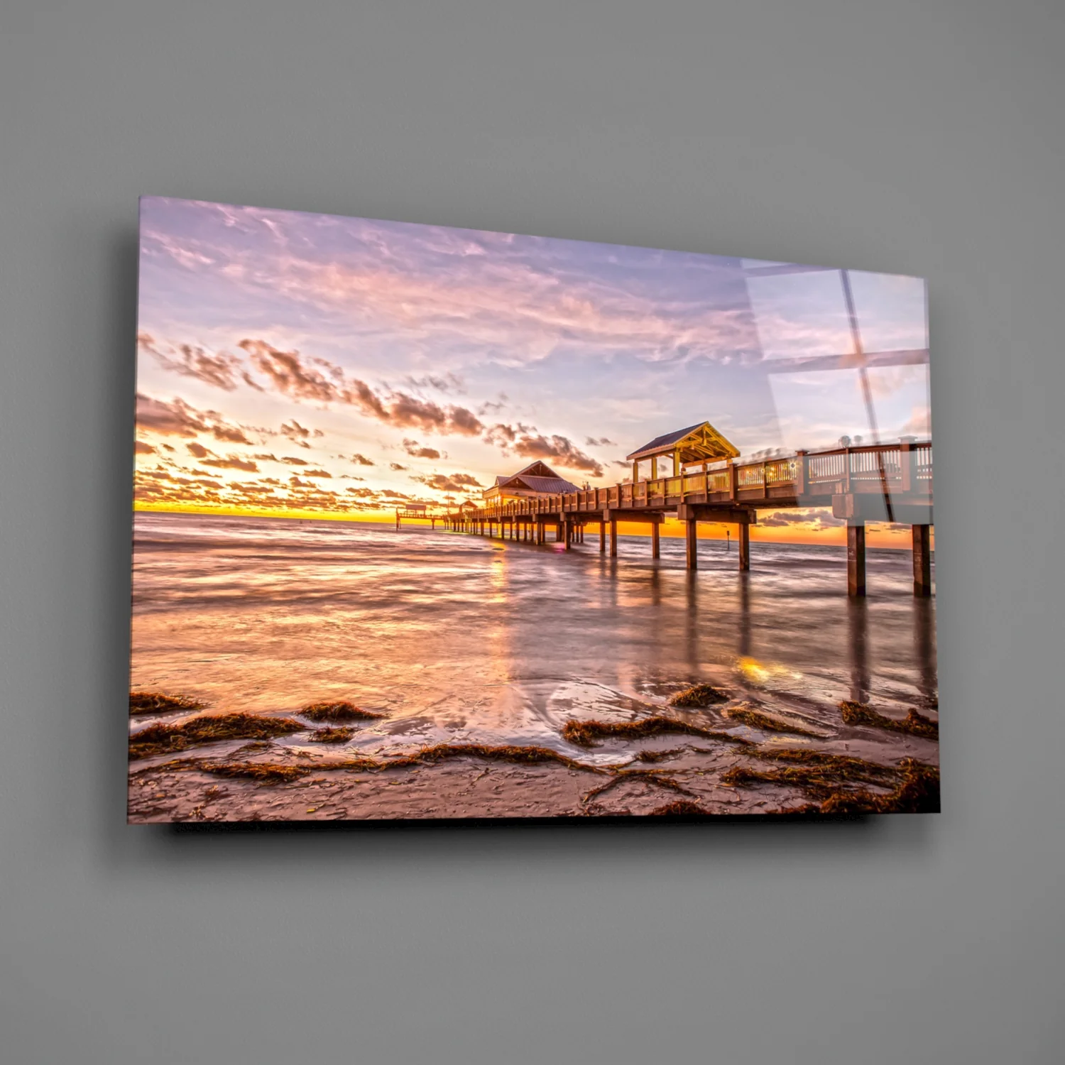 Golden Hour Fishing Pier Pavilion Glass Wall Art - Image 2