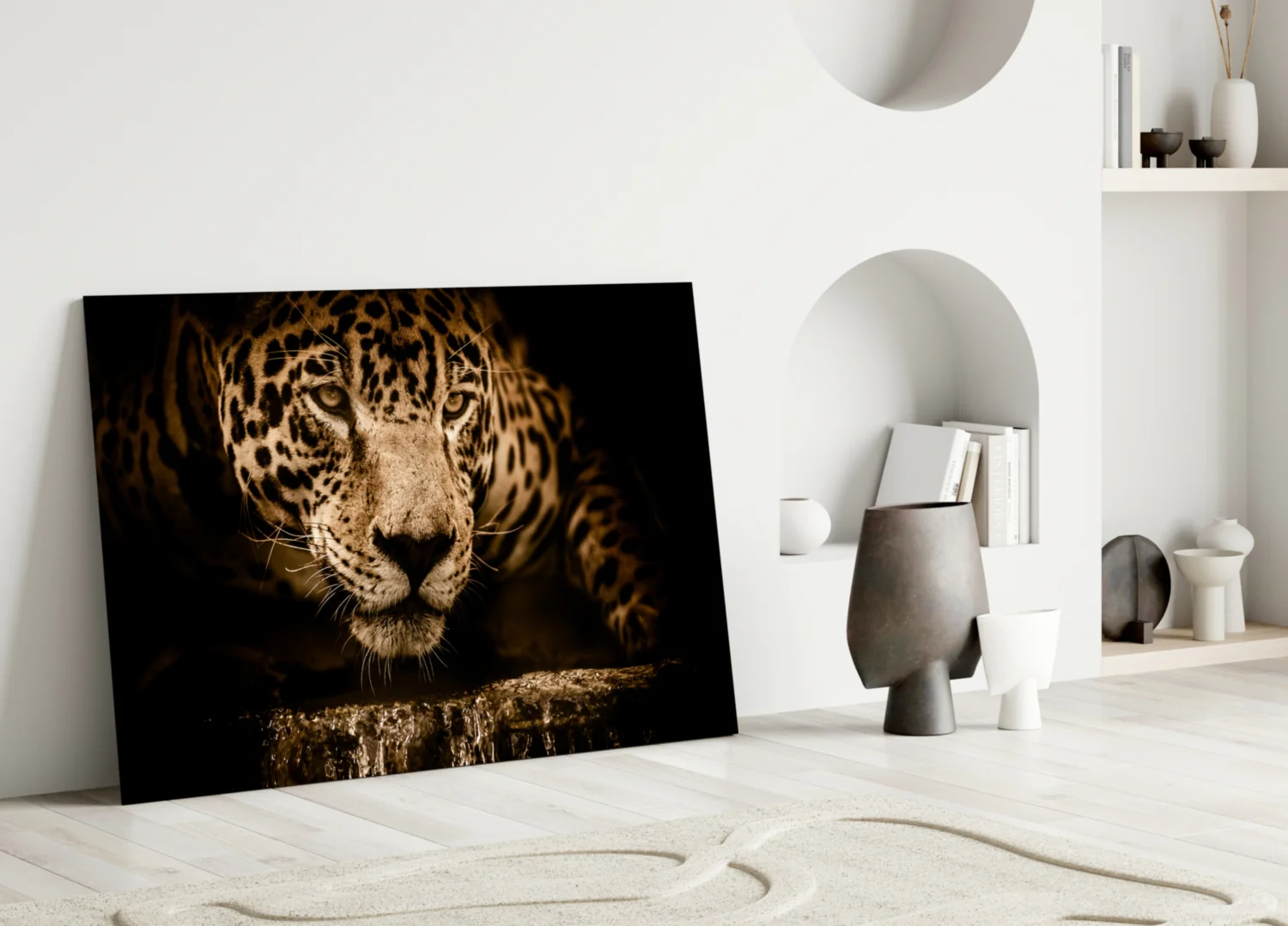 Golden Leopard At Waterhole Glass Wall Art - Image 3