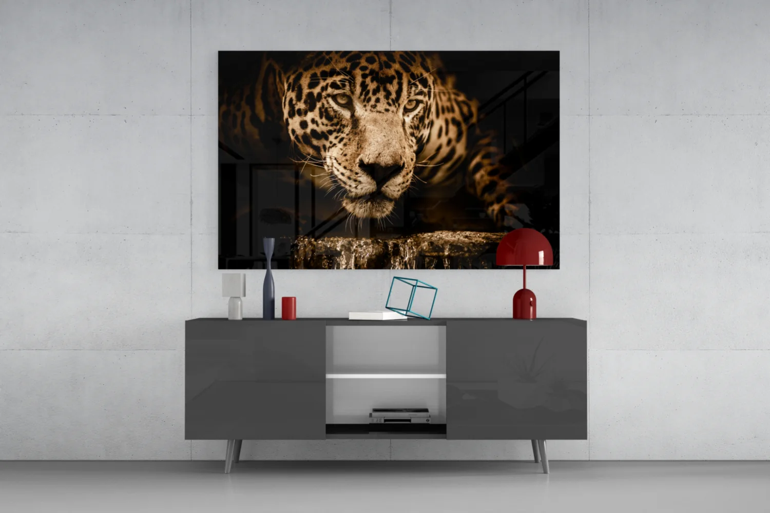 Golden Leopard At Waterhole Glass Wall Art - Image 8
