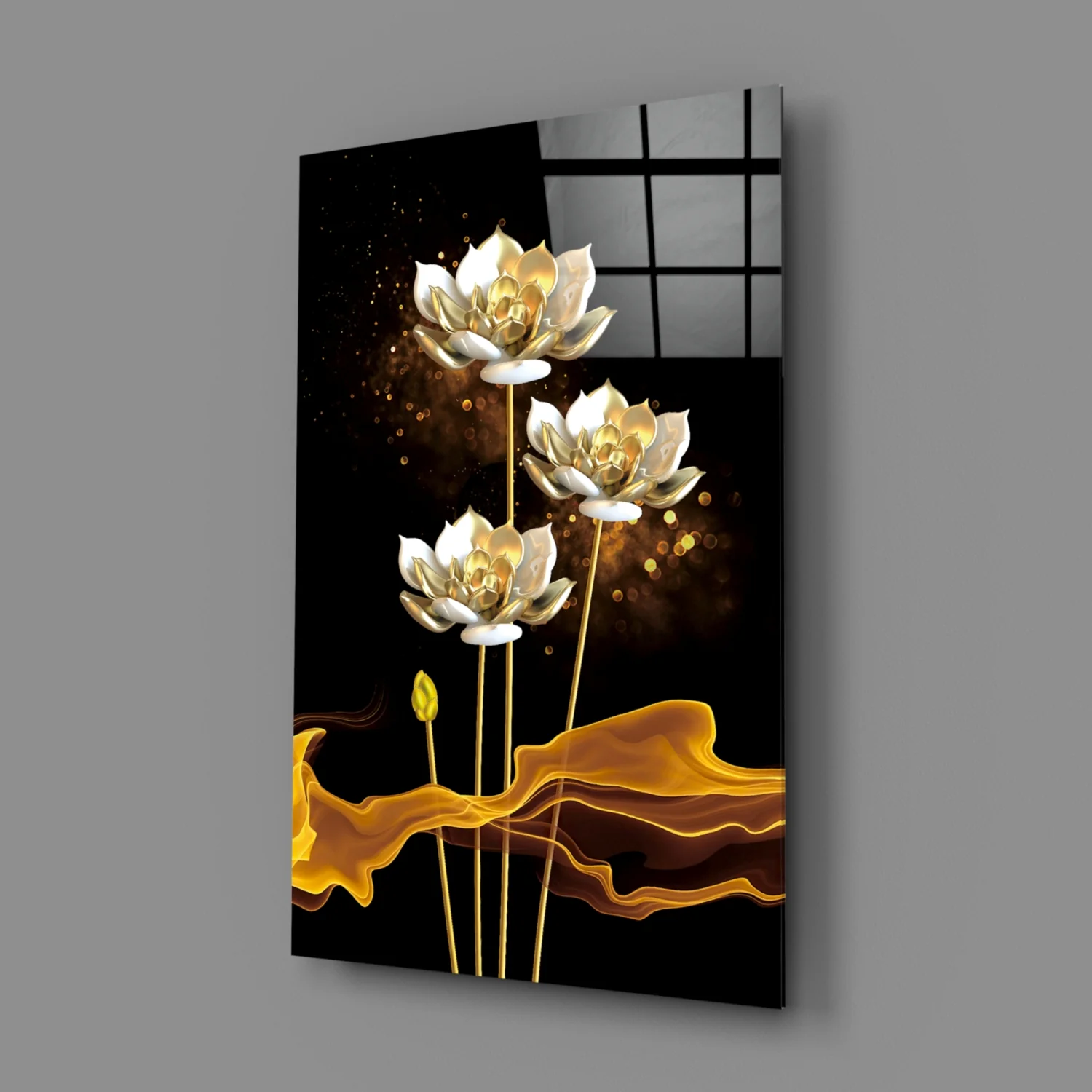 Golden Lotus on Black Flowing Glass Wall Art - Image 3