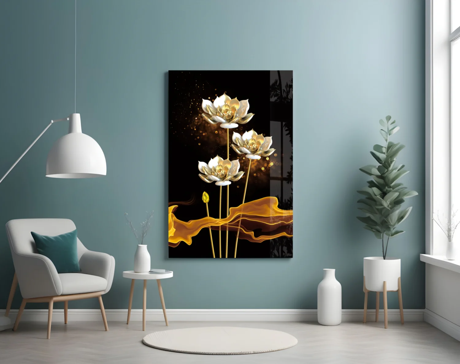 Golden Lotus on Black Flowing Glass Wall Art - Image 5