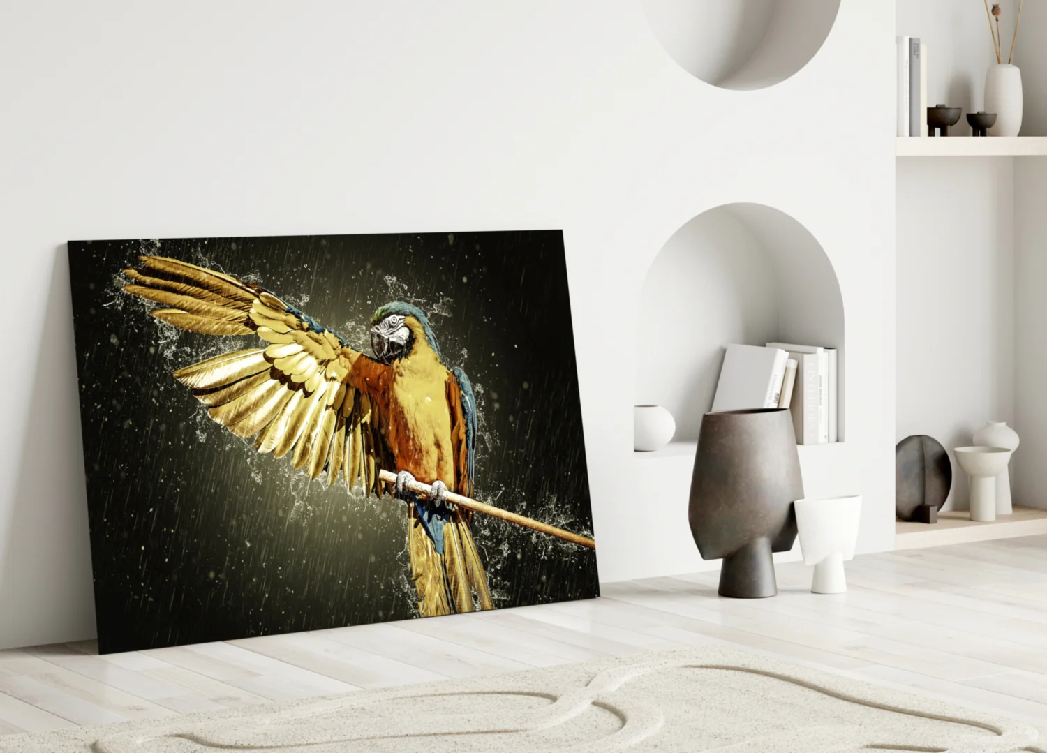 Golden Macaw Water Splash Glass Wall Art - Image 3
