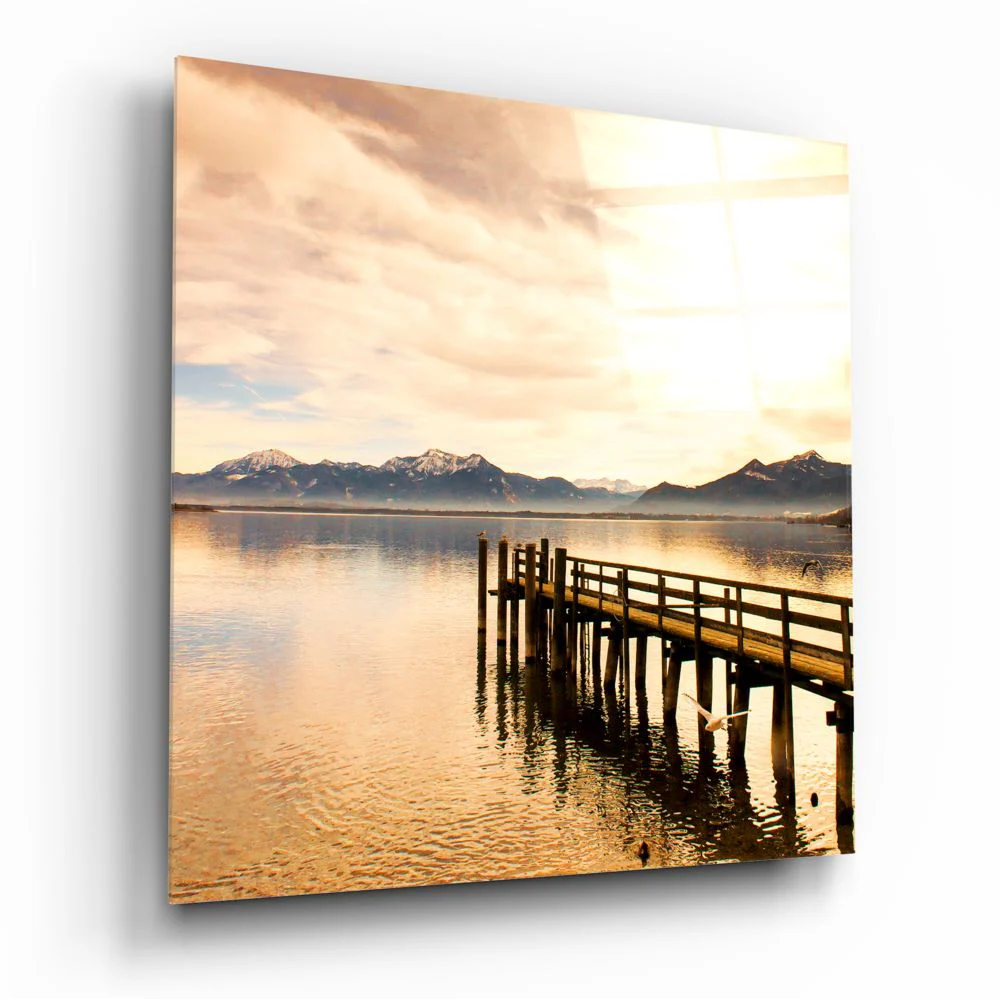 Golden Mountain Lake Dock Glass Wall Art - Image 2