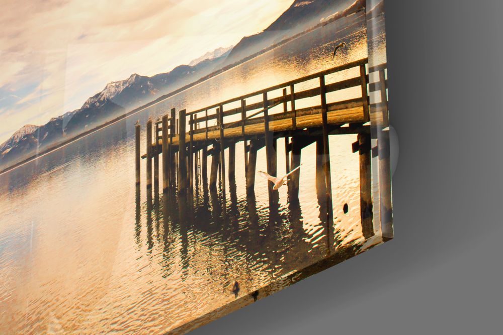 Golden Mountain Lake Dock Glass Wall Art - Image 3
