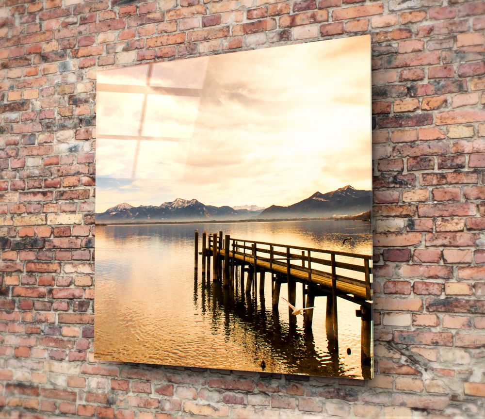 Golden Mountain Lake Dock Glass Wall Art - Image 4
