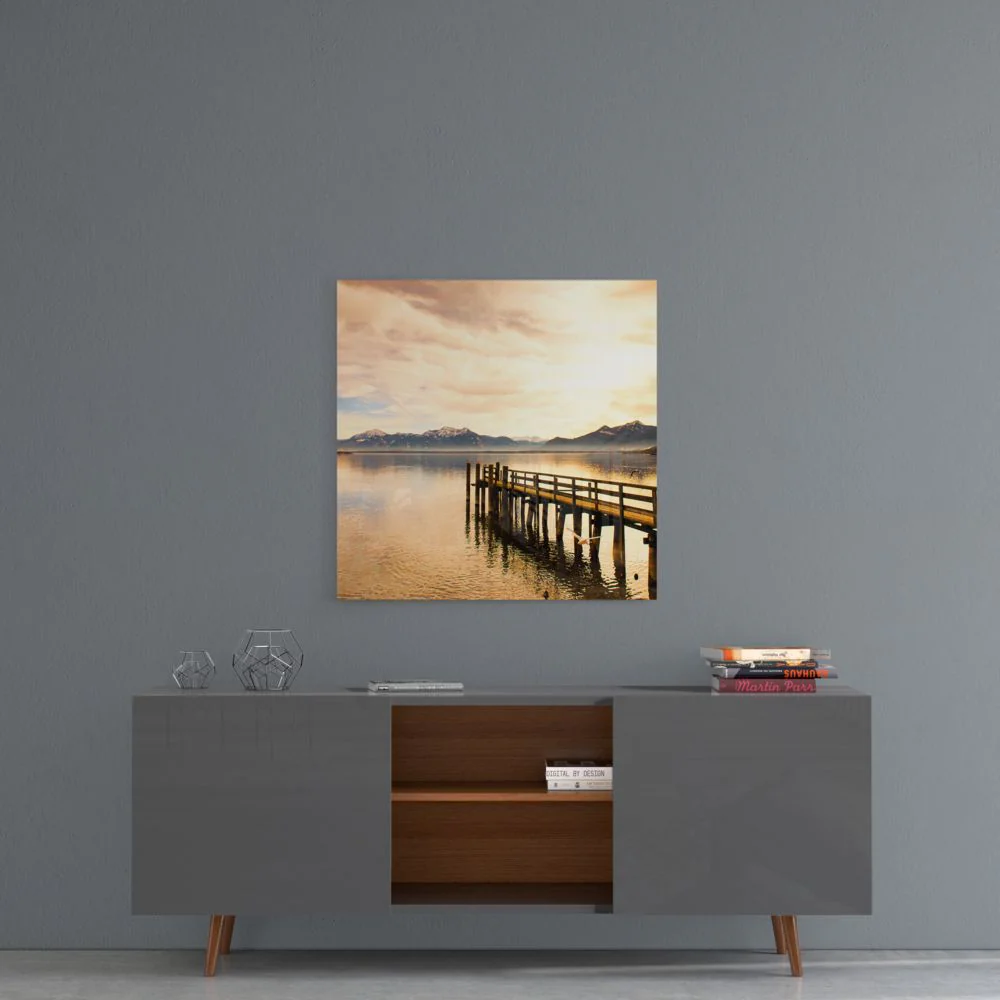 Golden Mountain Lake Dock Glass Wall Art - Image 5