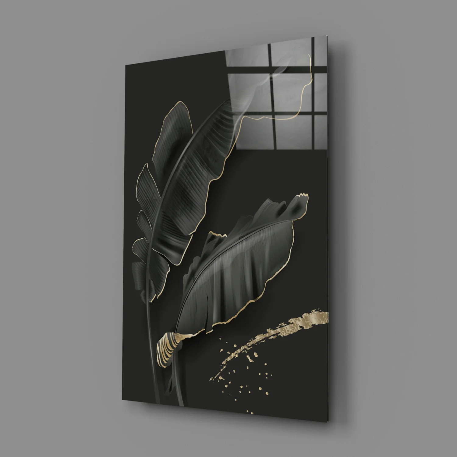 Golden Outline Black Leaves Glass Wall Art - Image 3
