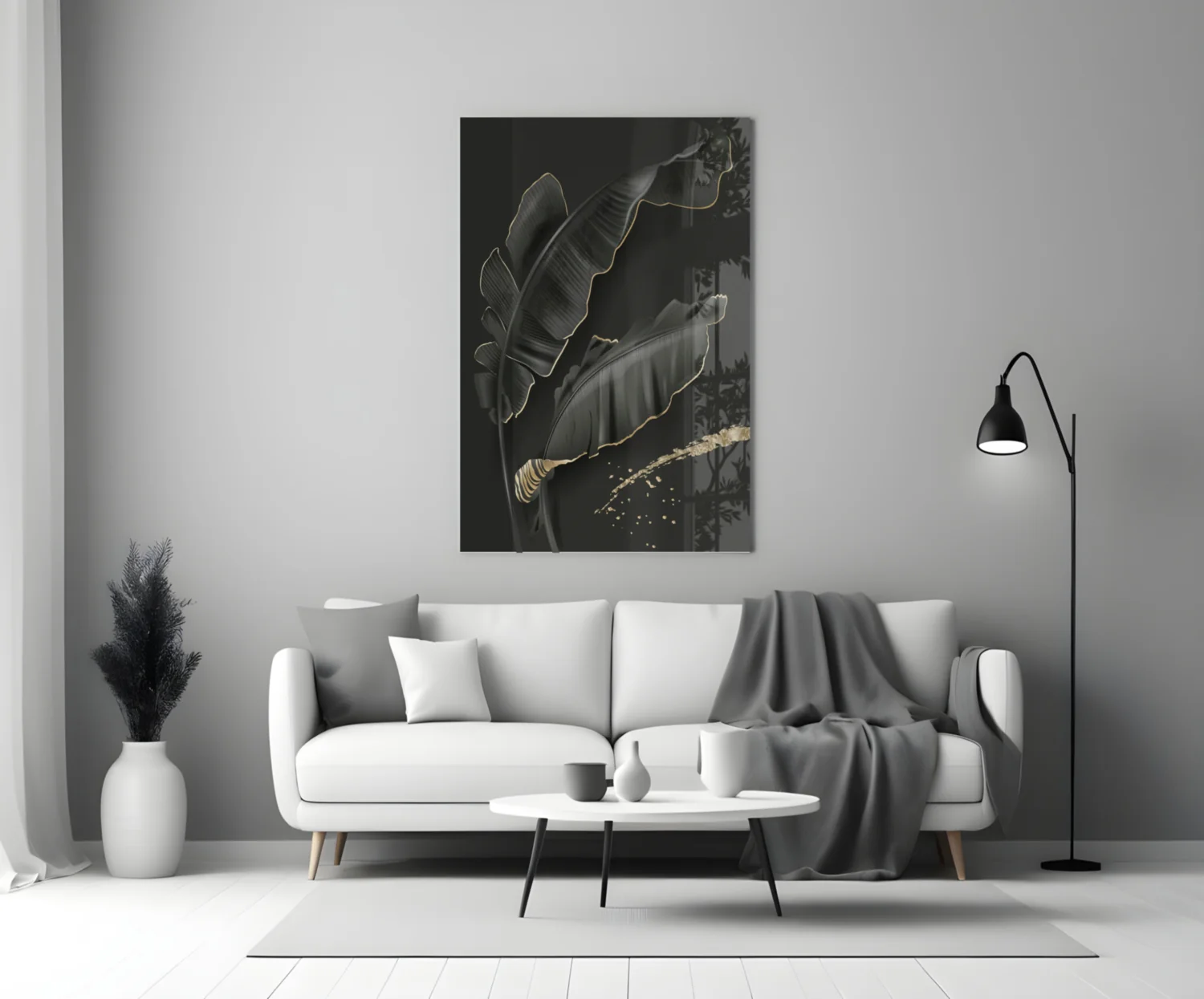 Golden Outline Black Leaves Glass Wall Art - Image 4