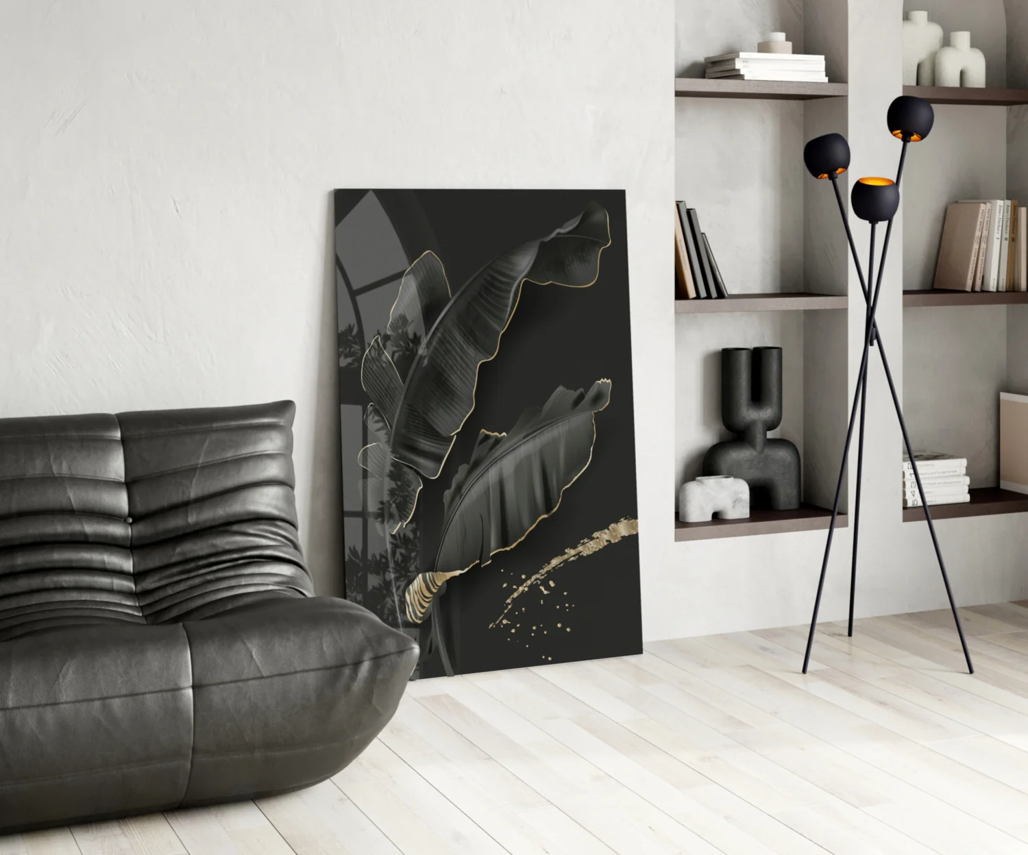 Golden Outline Black Leaves Glass Wall Art - Image 6