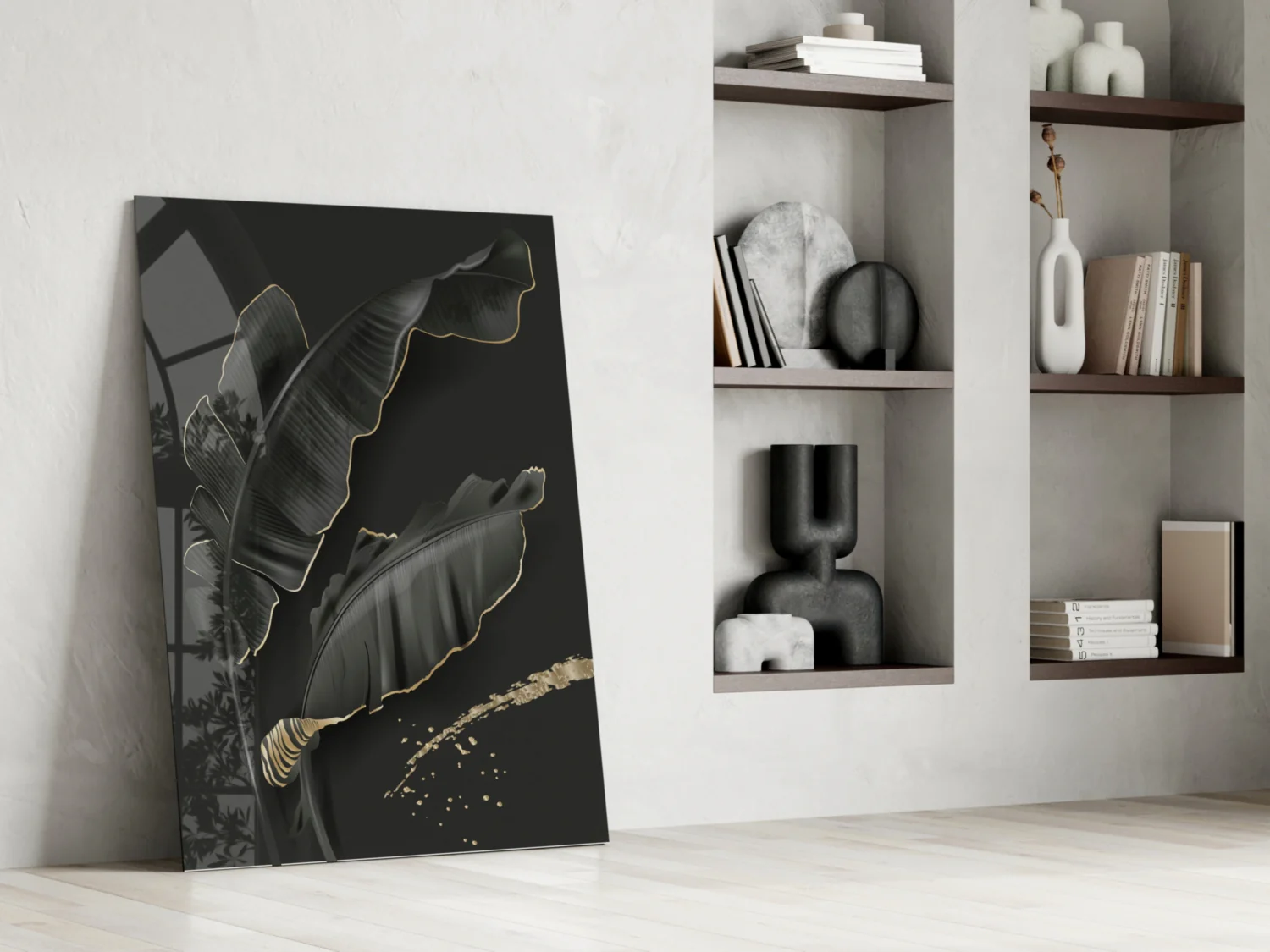 Golden Outline Black Leaves Glass Wall Art - Image 7