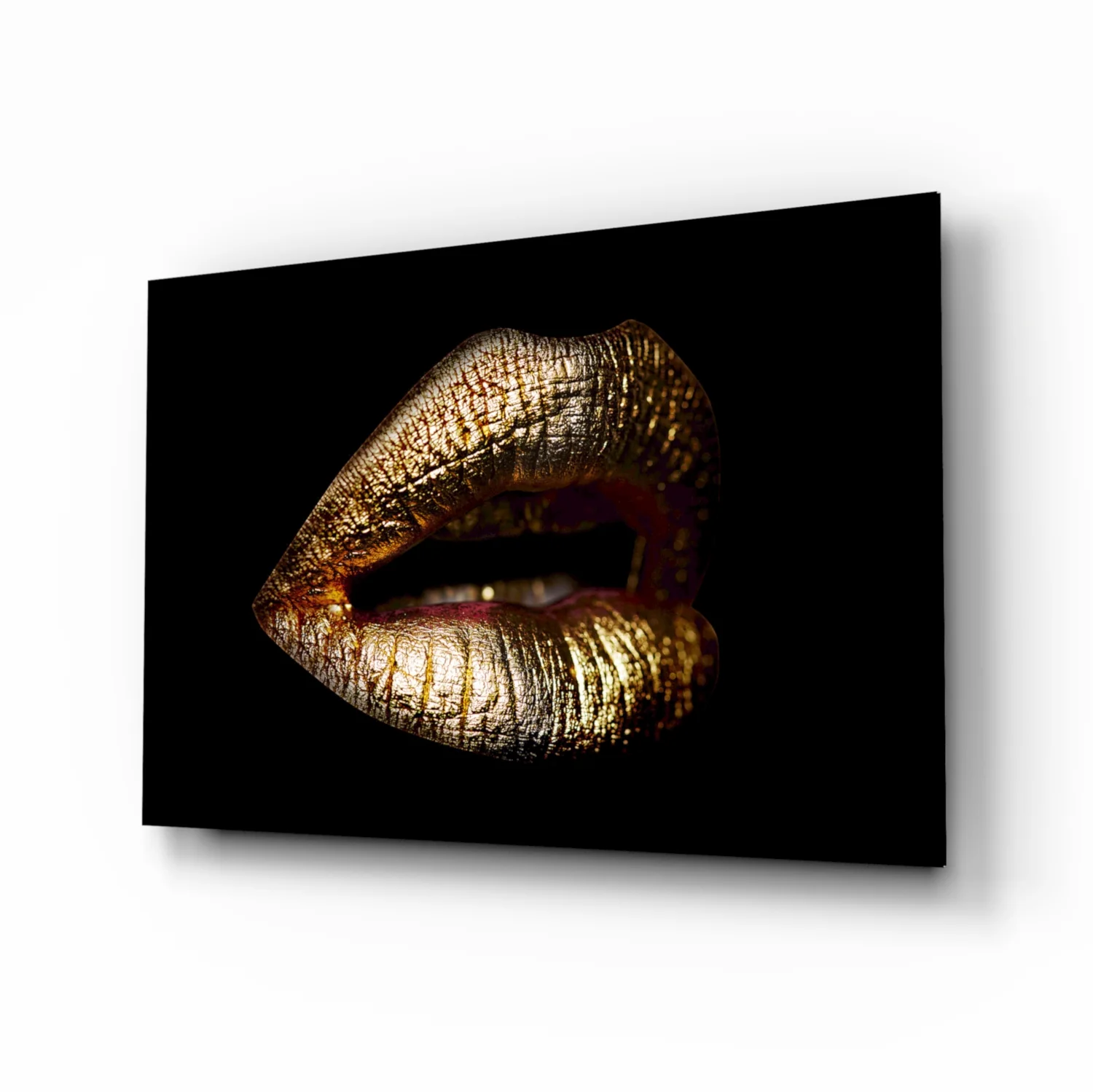 Golden Parted Lips on Black Glass Wall Art - Image 2