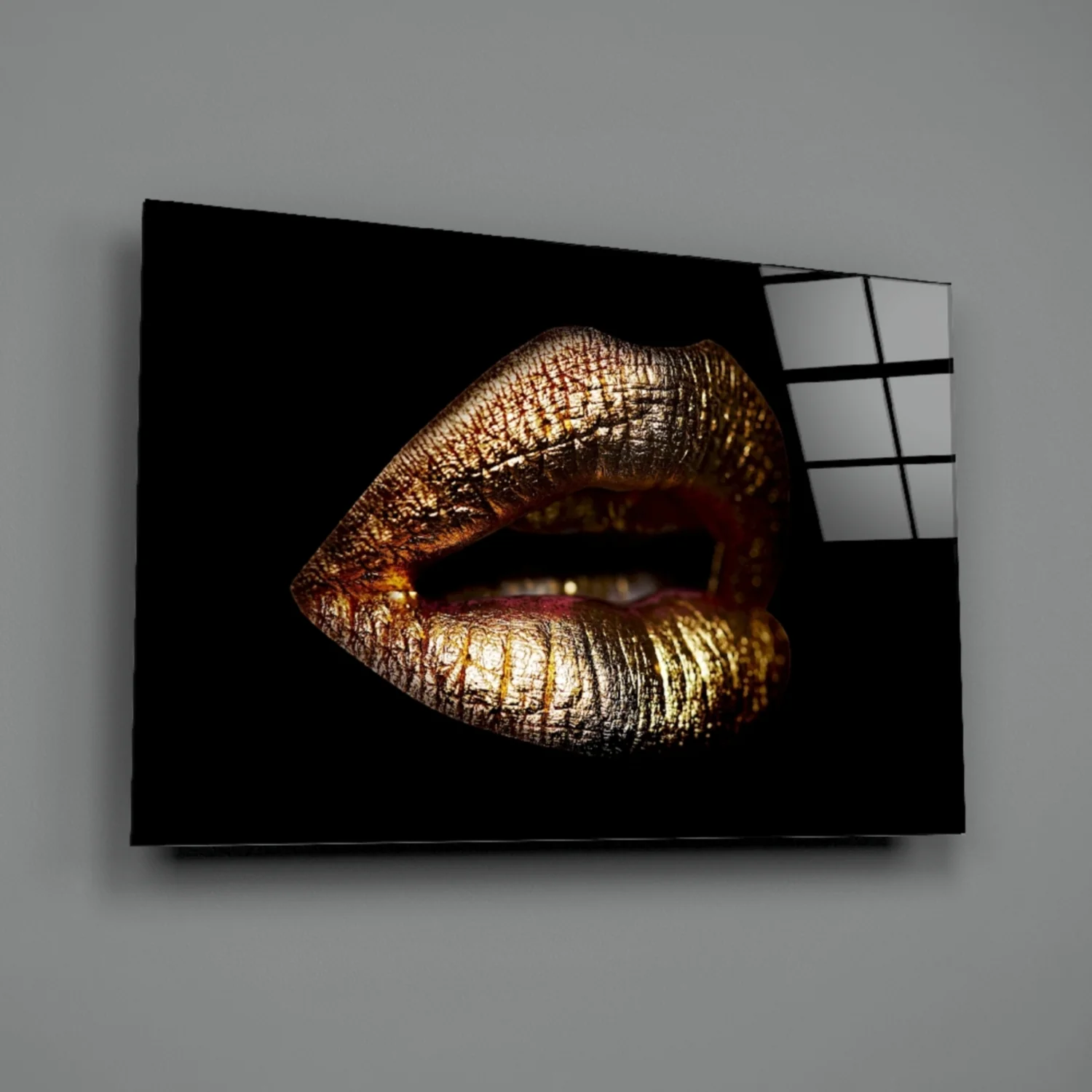 Golden Parted Lips on Black Glass Wall Art - Image 3