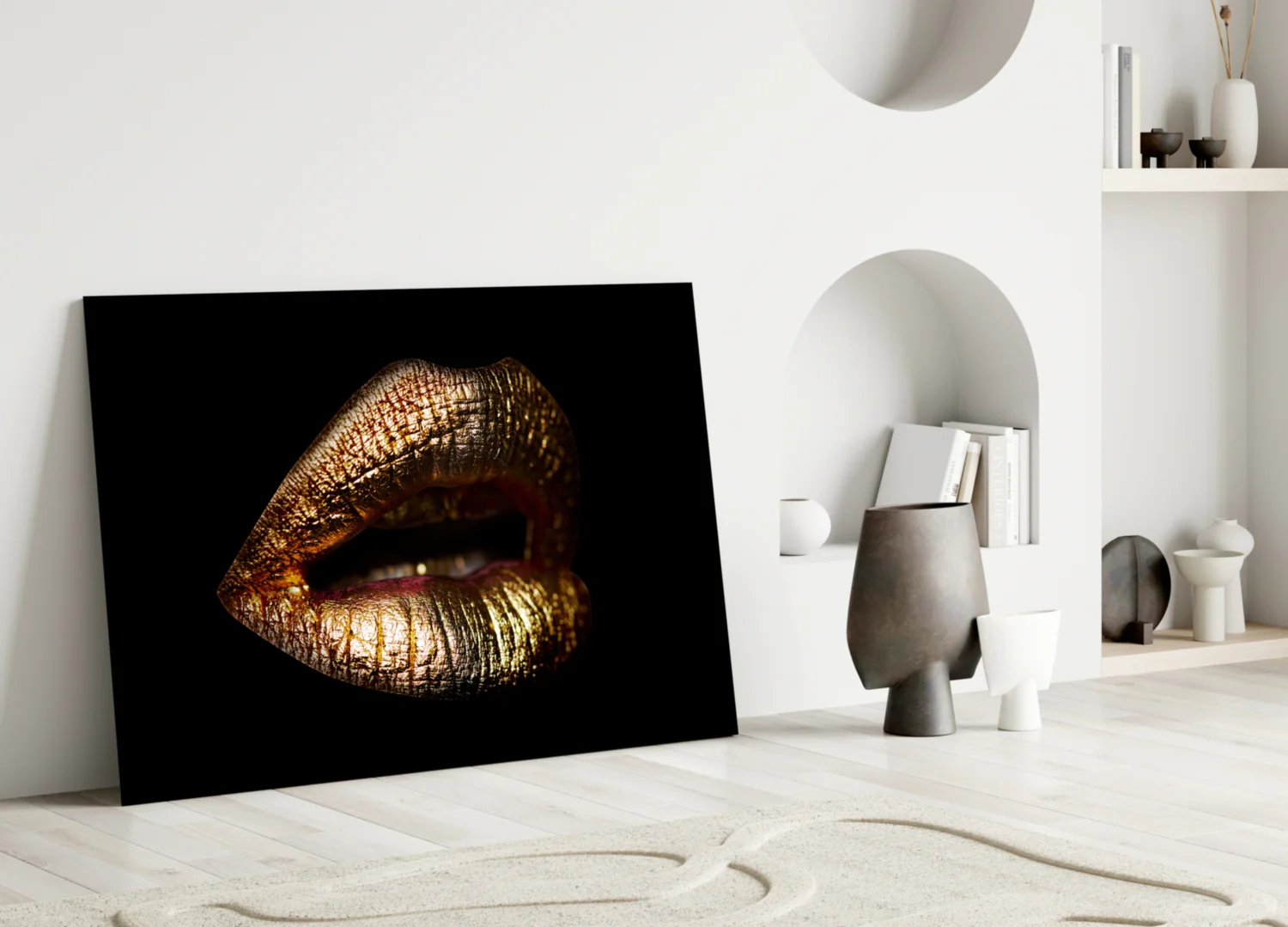 Golden Parted Lips on Black Glass Wall Art - Image 4