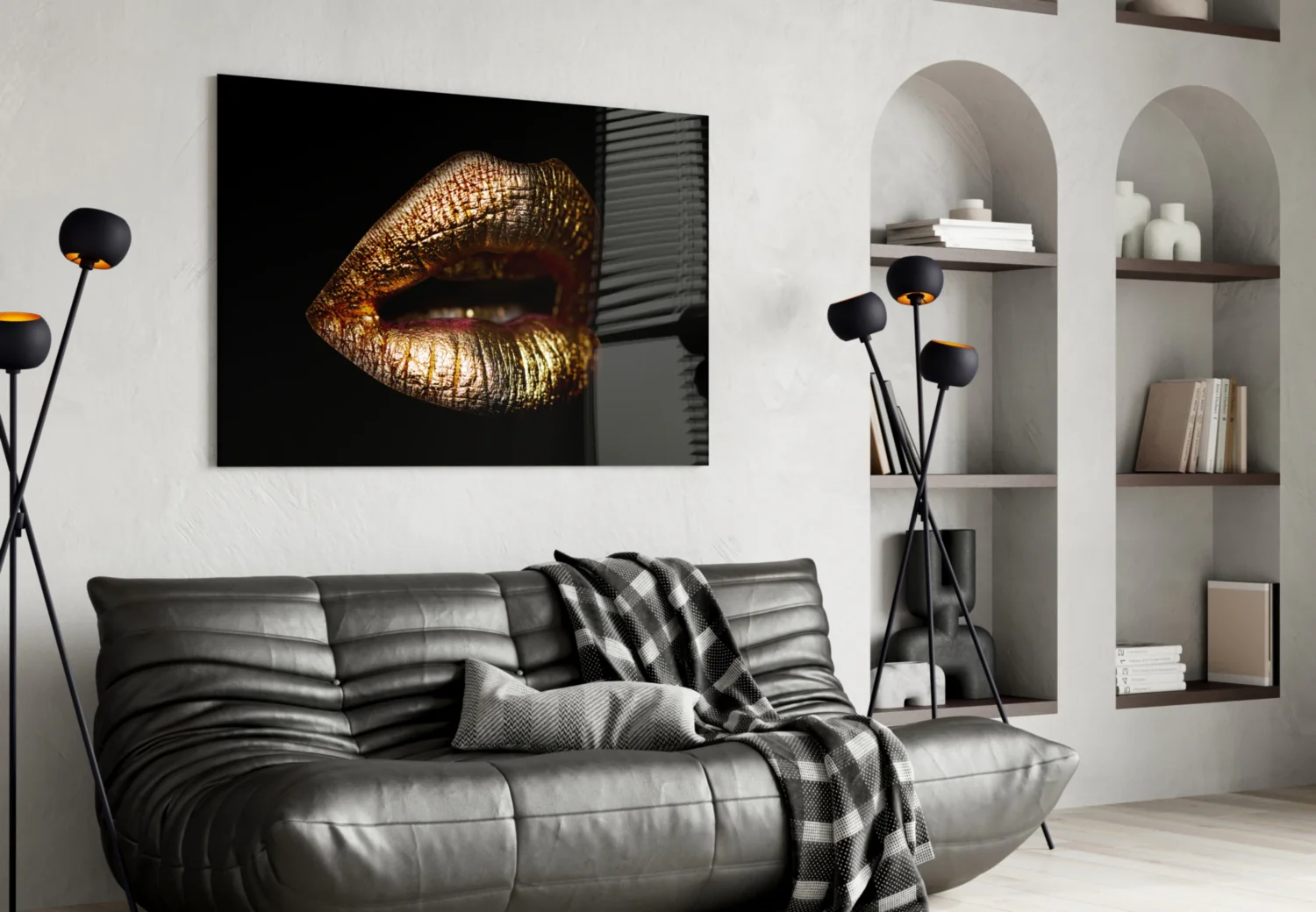 Golden Parted Lips on Black Glass Wall Art - Image 5