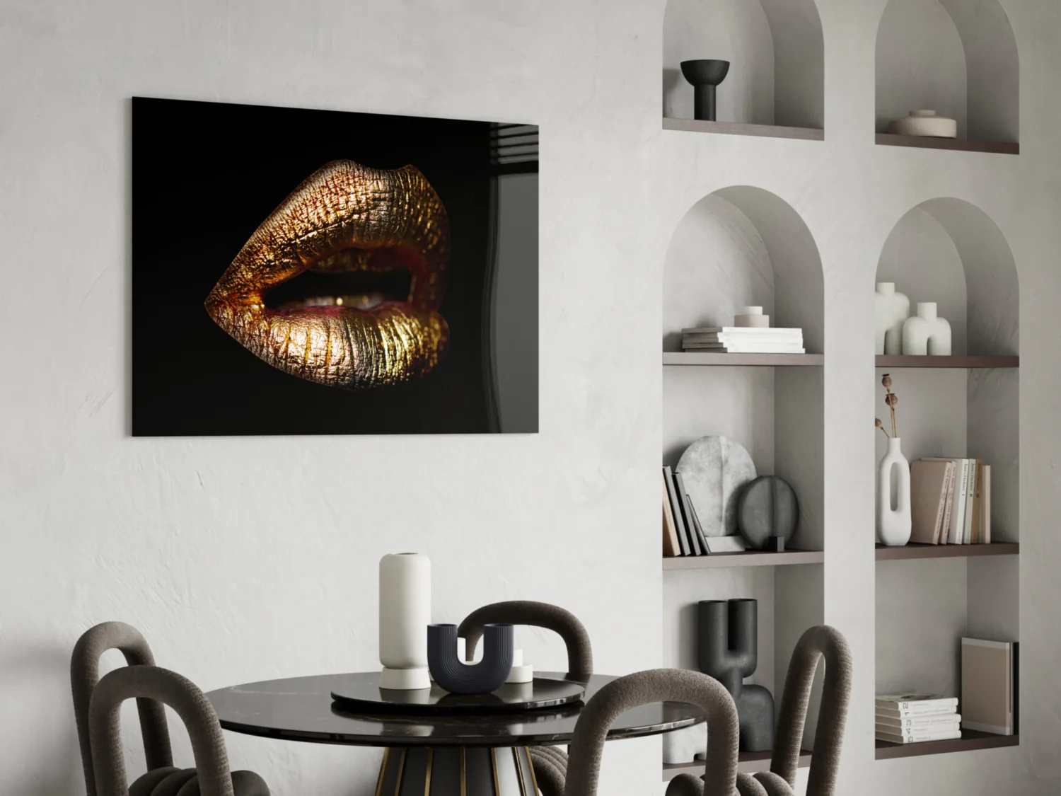 Golden Parted Lips on Black Glass Wall Art - Image 6