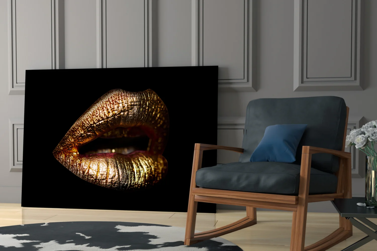 Golden Parted Lips on Black Glass Wall Art - Image 7
