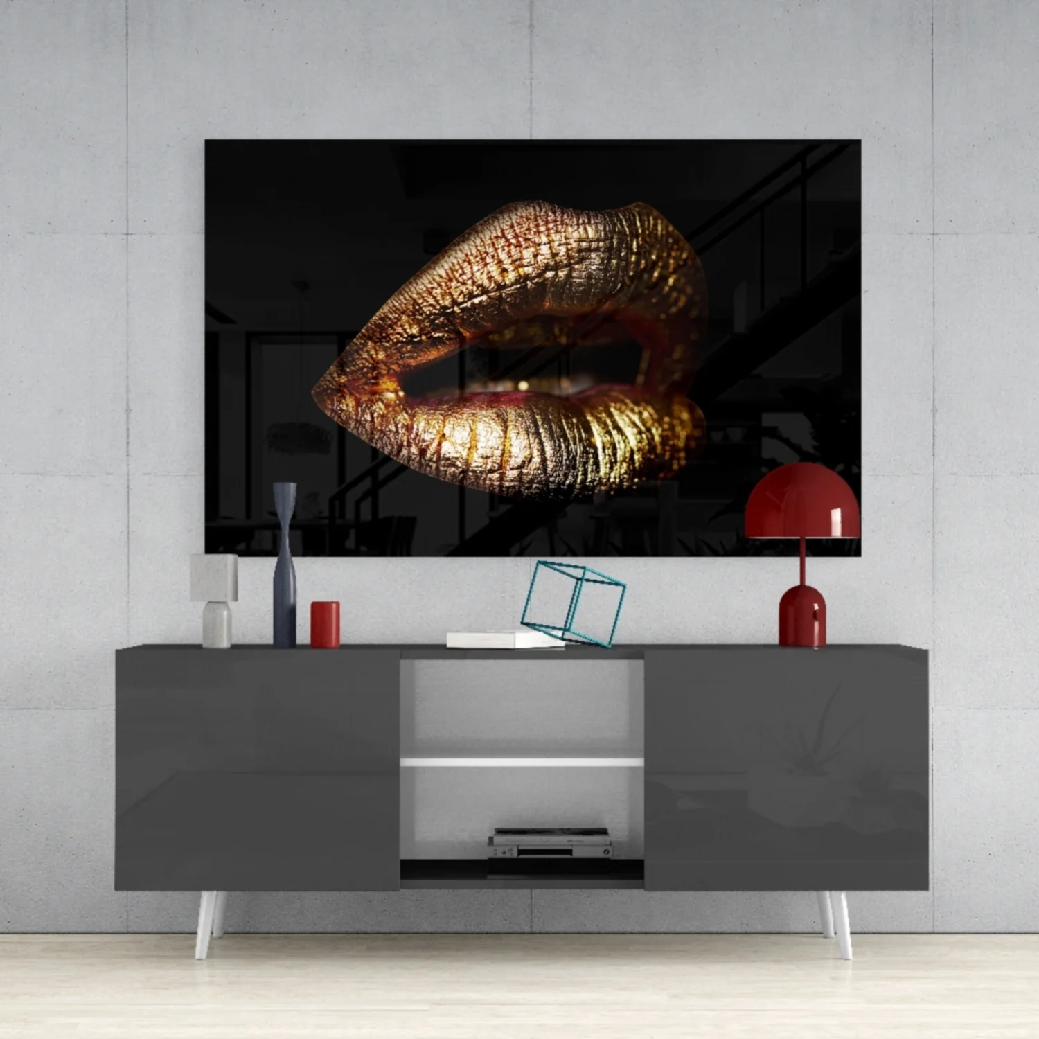 Golden Parted Lips on Black Glass Wall Art - Image 9
