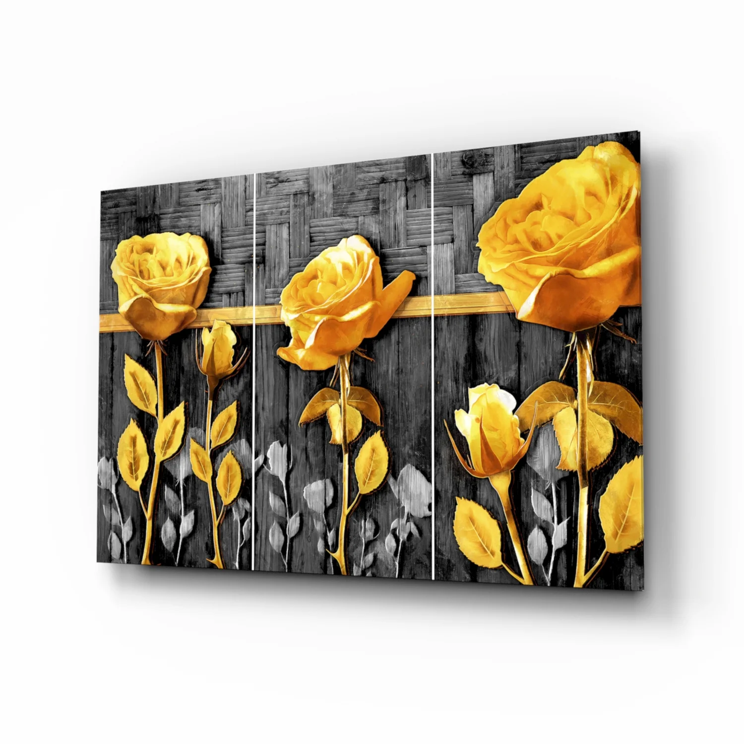 Golden Roses Gray Wood Triptych Glass Wall Art - Image 2