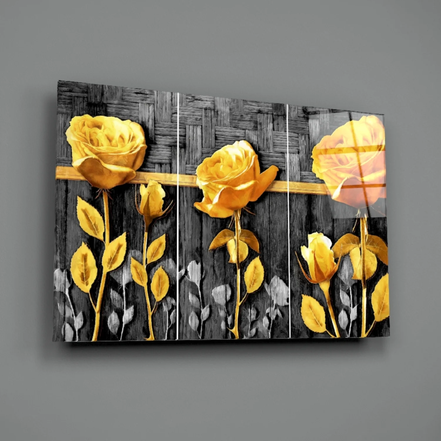 Golden Roses Gray Wood Triptych Glass Wall Art - Image 3