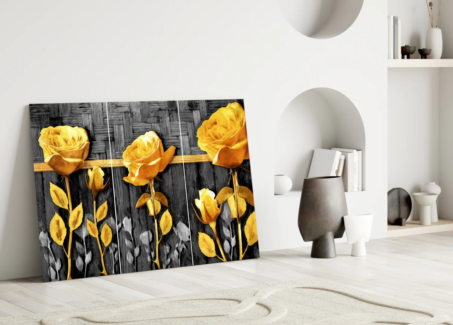 Golden Roses Gray Wood Triptych Glass Wall Art - Image 4