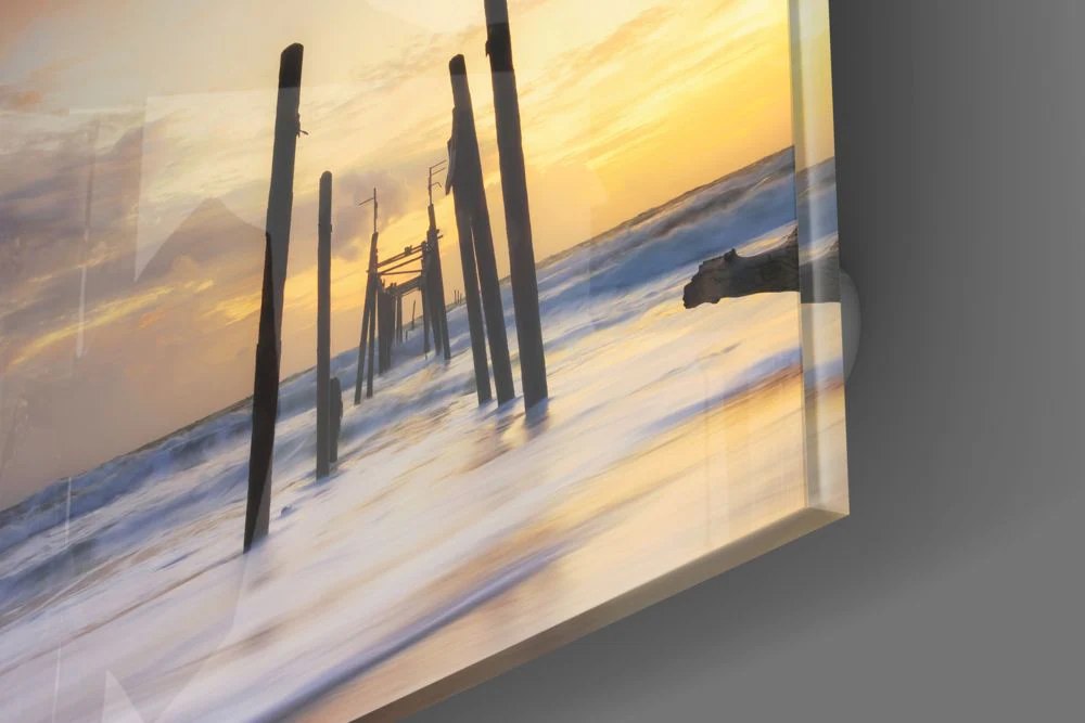 Golden Ruined Pier Dock Glass Wall Art - Image 3