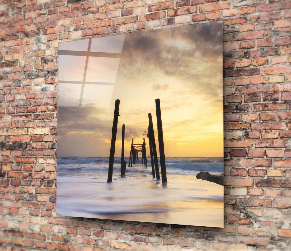 Golden Ruined Pier Dock Glass Wall Art - Image 4