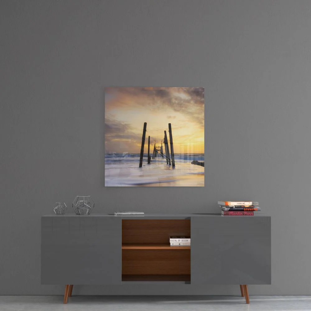 Golden Ruined Pier Dock Glass Wall Art - Image 5