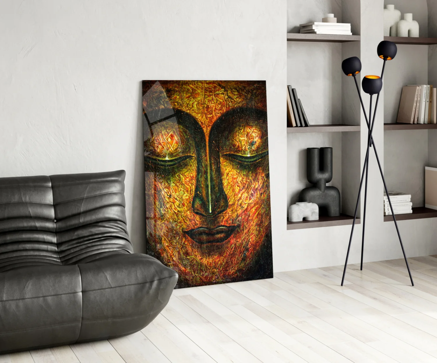 Golden Serene Buddha Face Glass Wall Art - Image 5