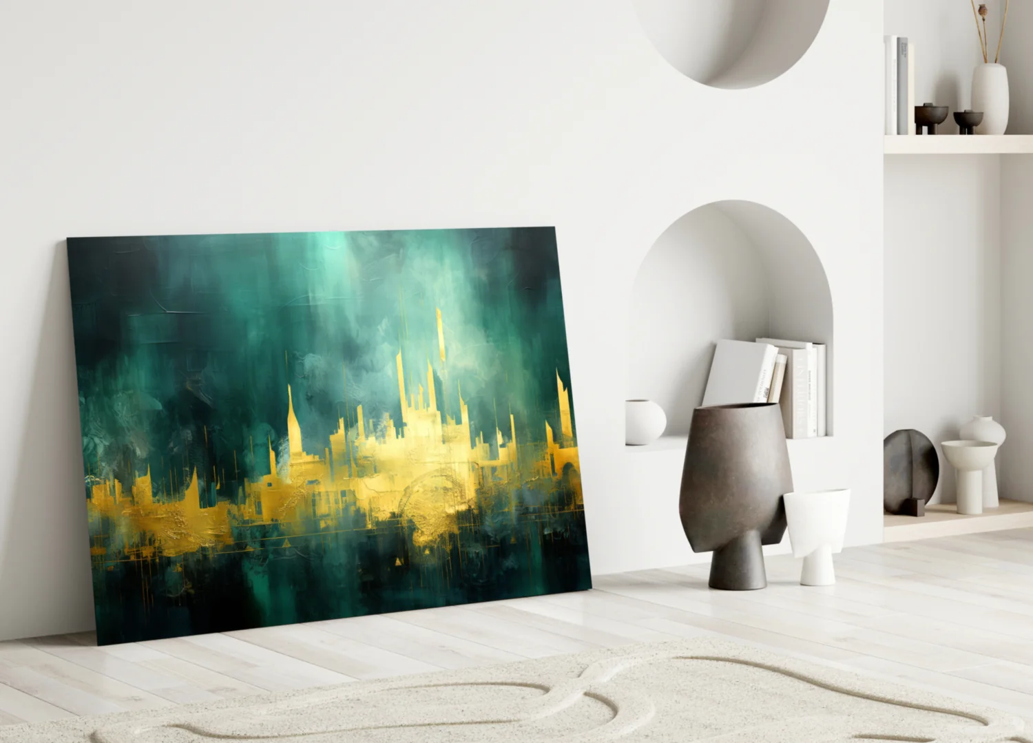 Golden Skyline Teal Mist Glass Wall Art - Image 3