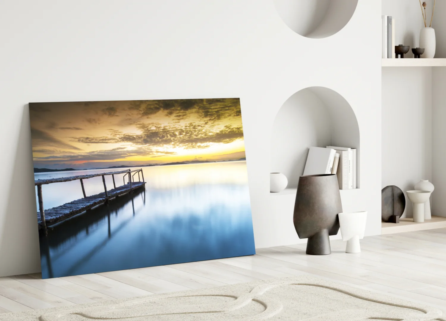 Golden Sunrise Calm Pier Glass Wall Art - Image 3