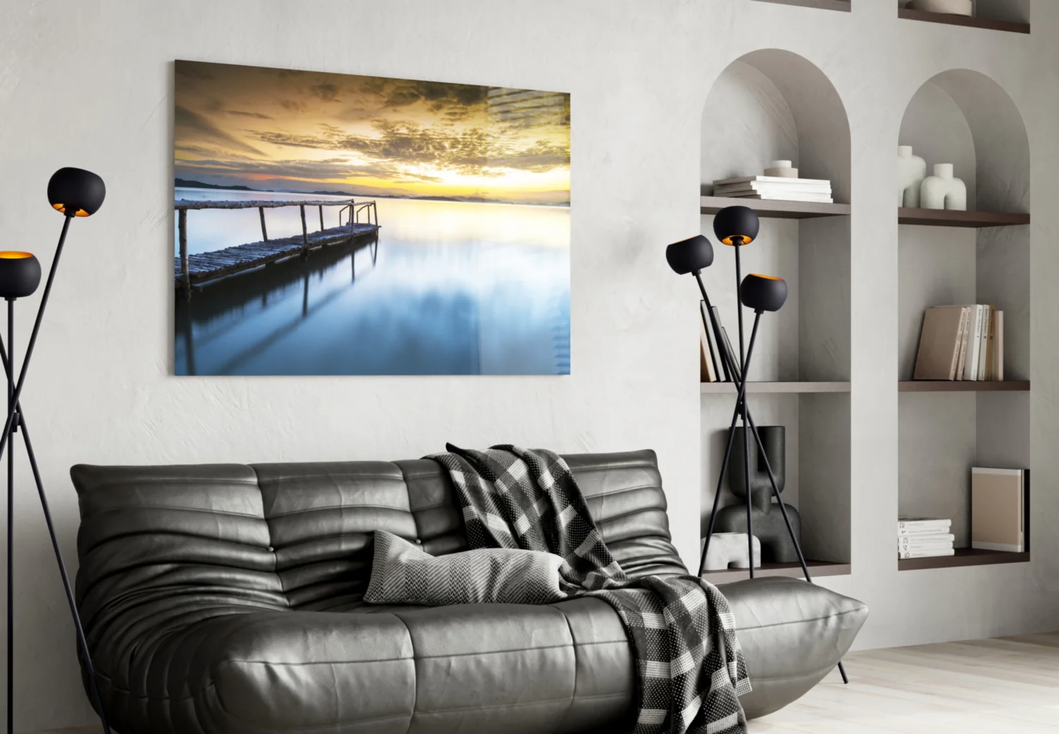 Golden Sunrise Calm Pier Glass Wall Art - Image 4
