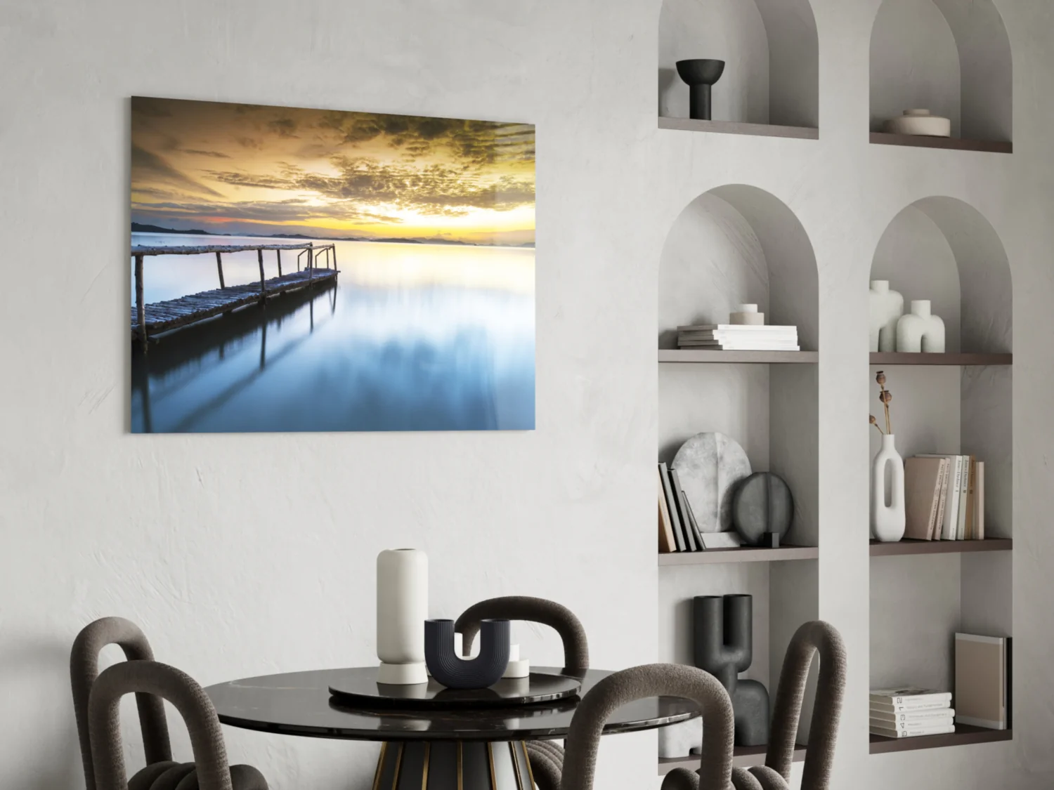 Golden Sunrise Calm Pier Glass Wall Art - Image 5