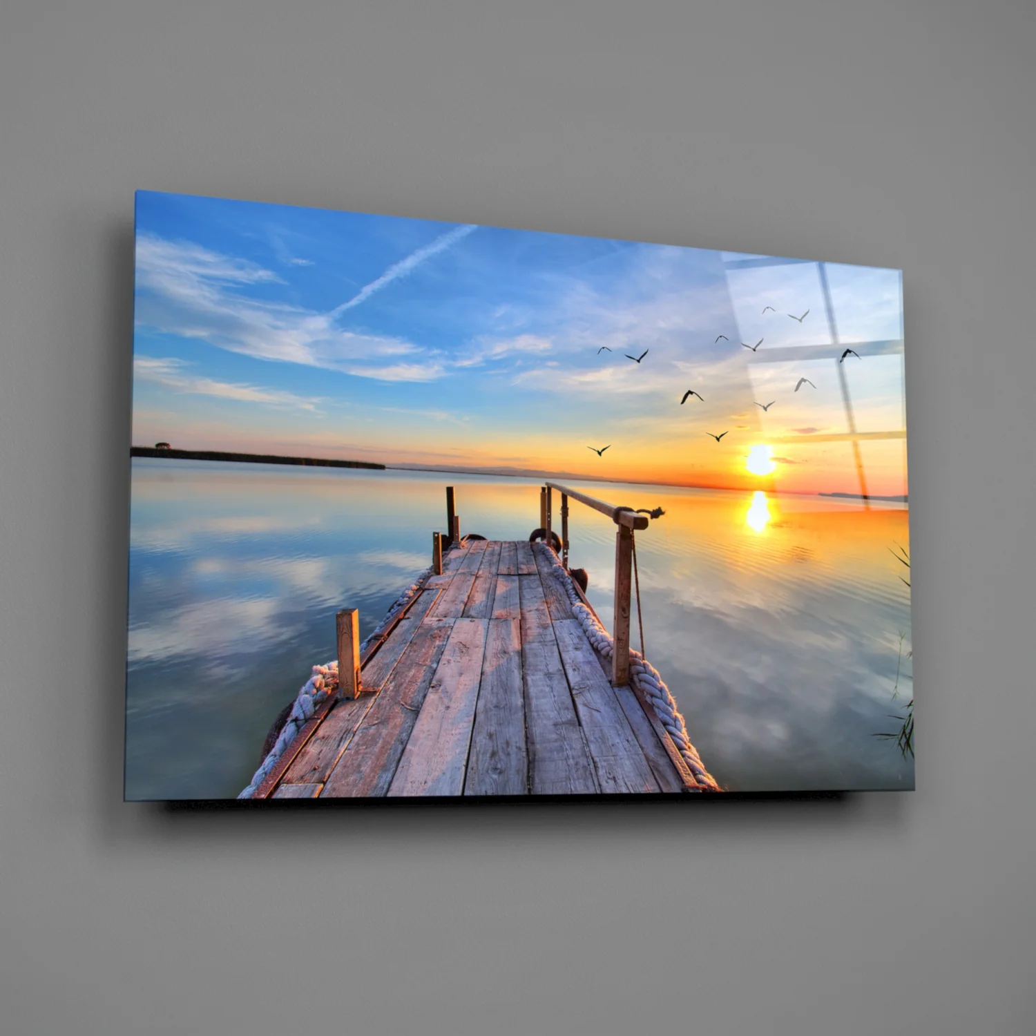 Golden Sunset Flying Birds Dock Glass Wall Art - Image 3