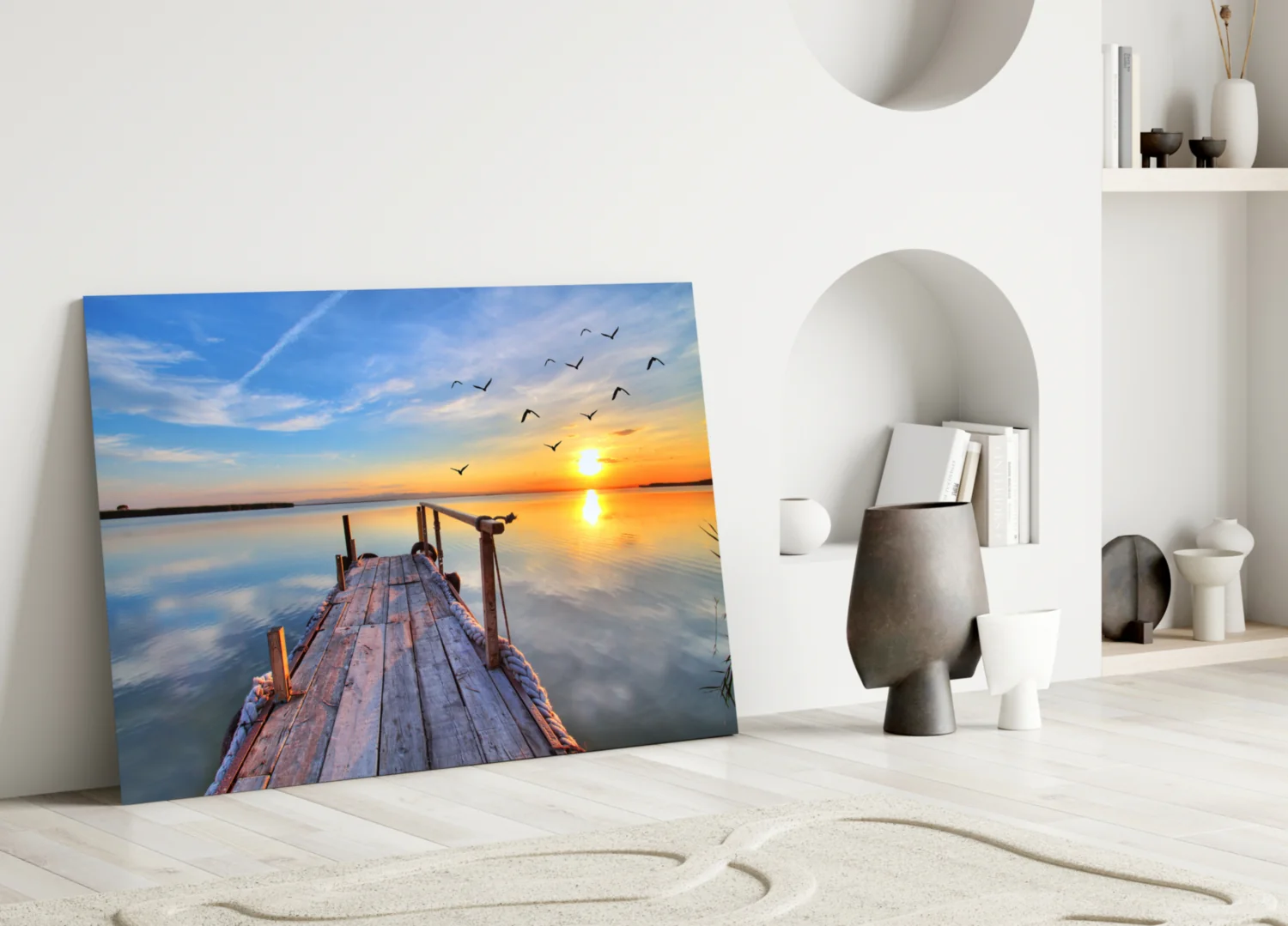Golden Sunset Flying Birds Dock Glass Wall Art - Image 4