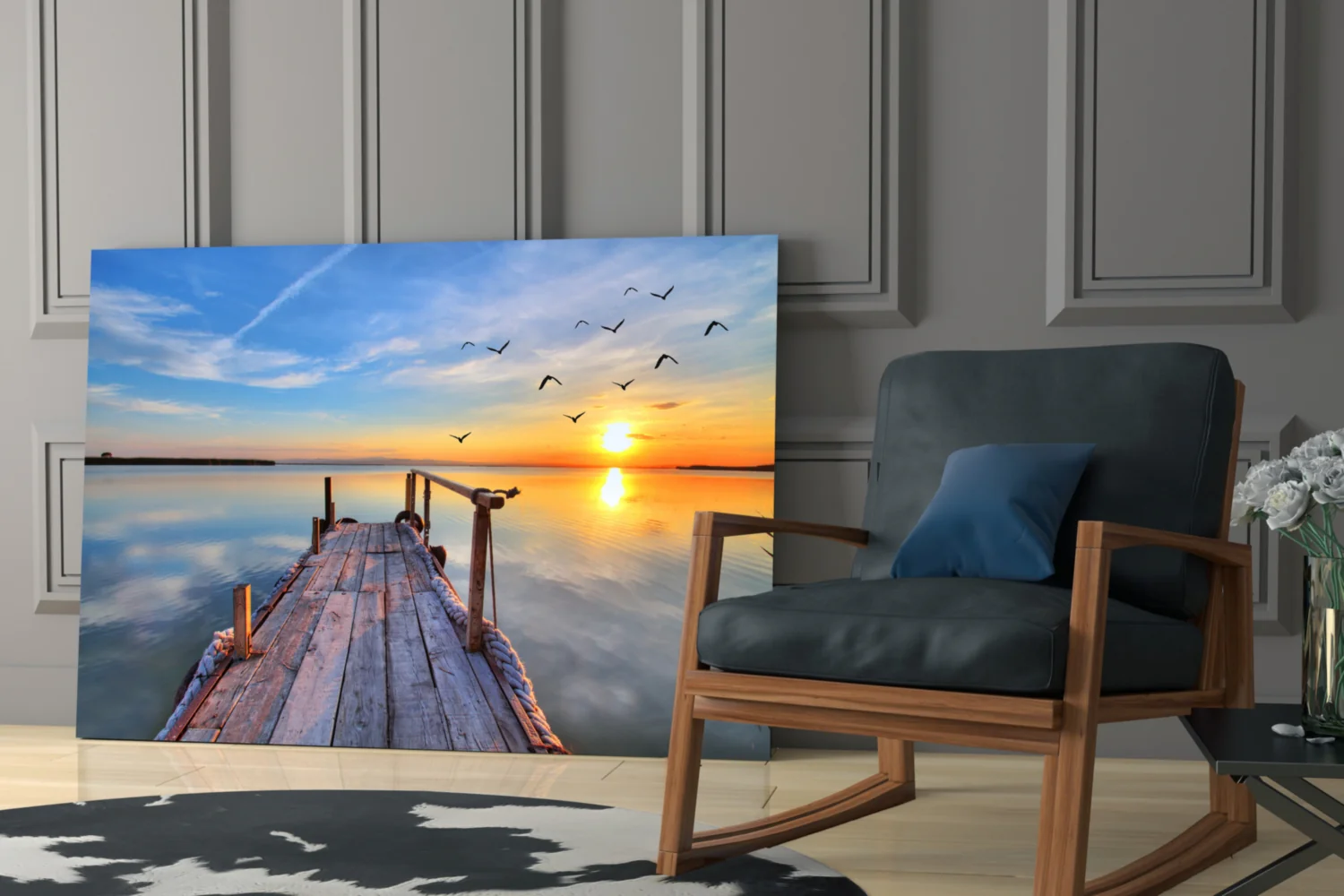Golden Sunset Flying Birds Dock Glass Wall Art - Image 7