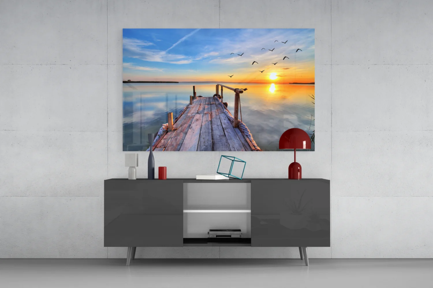 Golden Sunset Flying Birds Dock Glass Wall Art - Image 9